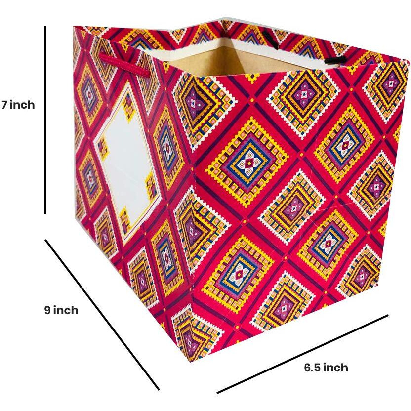Flute Cubes Presents 1/2 Kg Mithai,Sweets, Chocolate, Chunri Print Gift Paper Bag (Size 9 X 7 X 6.5 Inch) Pack Of 10