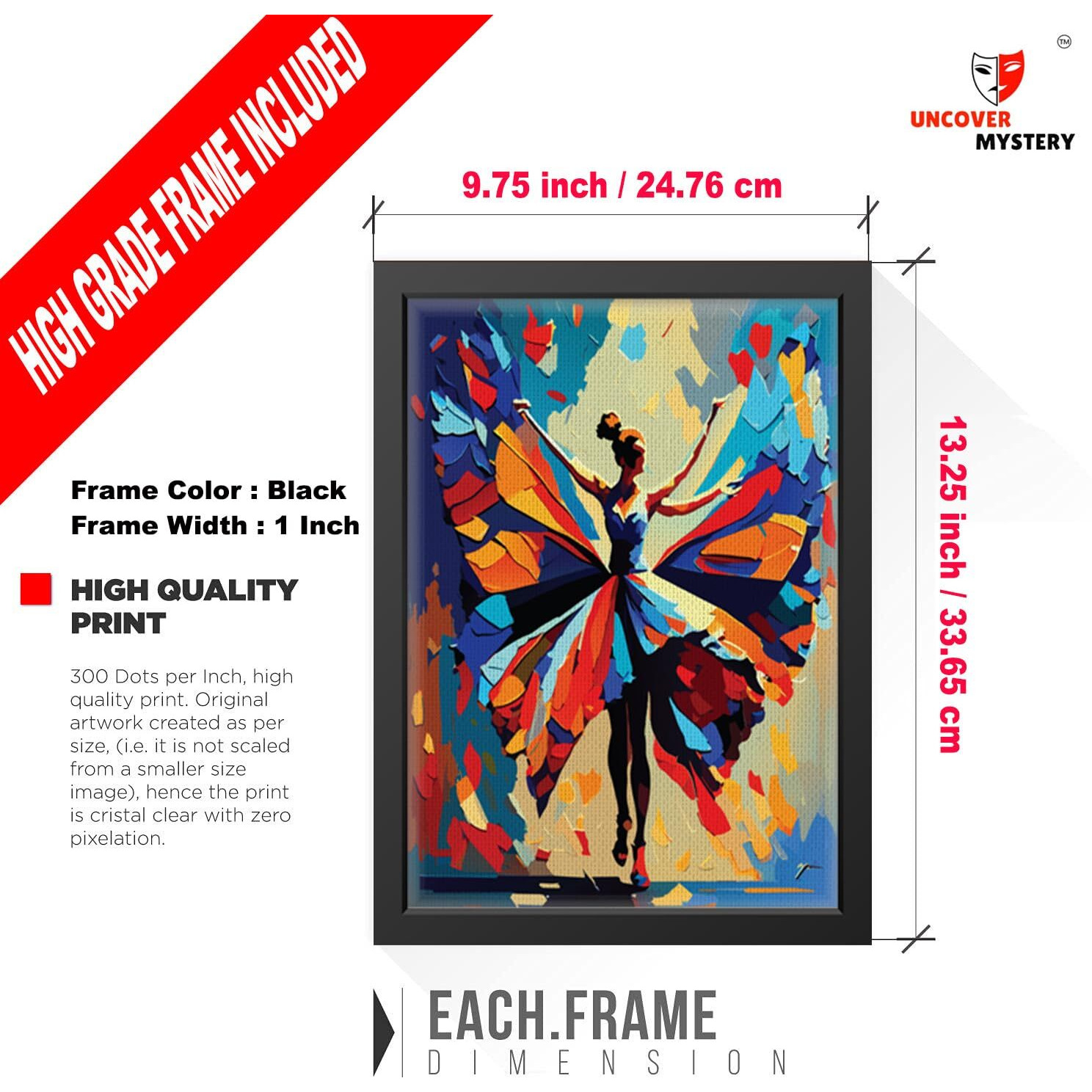 Uncover Mystery Abstract Butterfly Print On Polyster Canvas Framed, Wall Art For Home, Office, Living Room Wall Decoration, (Size - 9.75 X 13.25 In), Frame Color  -Black-209