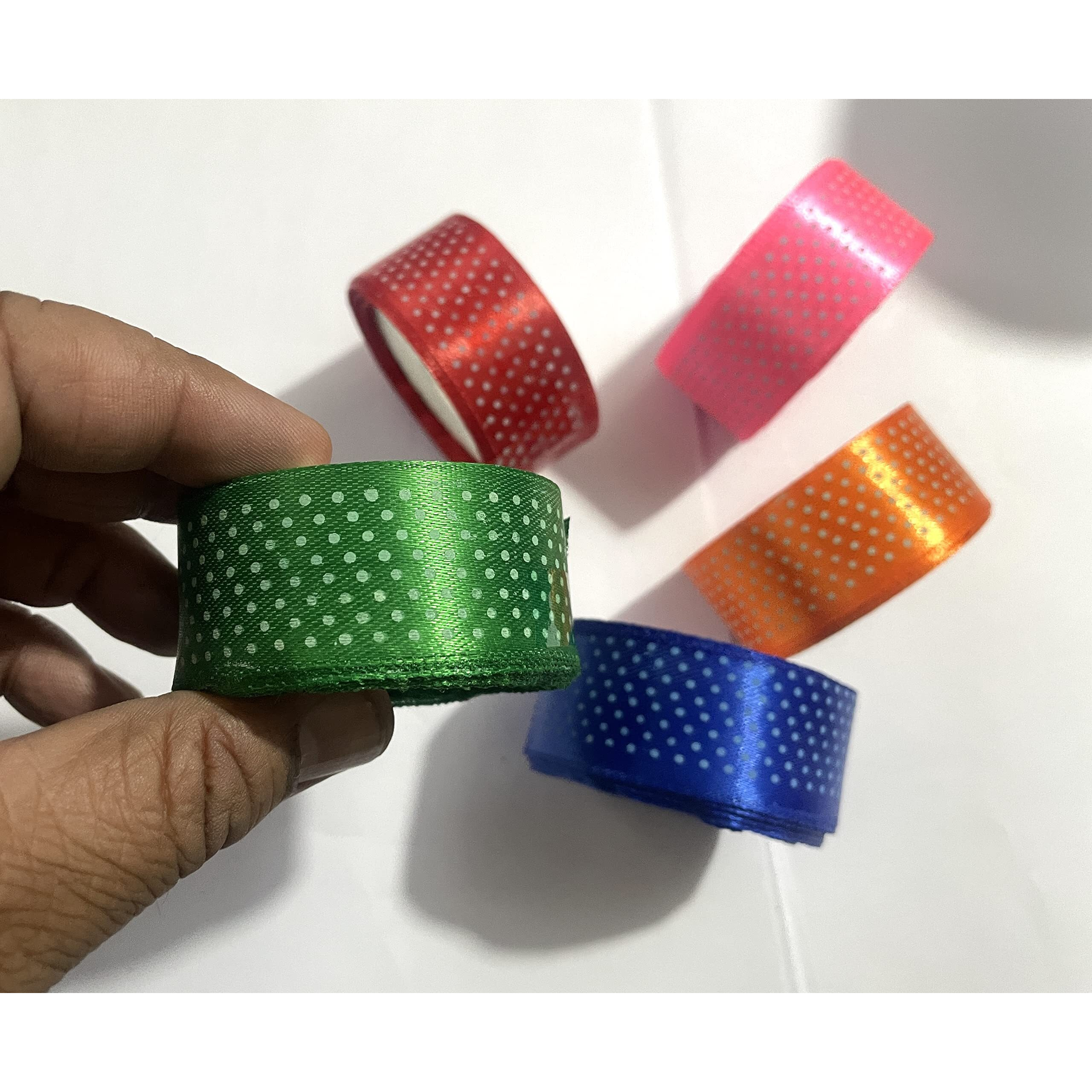 Omx Dotted Satin Ribbon 1" Inch (25Mm)  Set Of 5Pcs  Length 8M Each Roll (1"  Pack Of 5Pcs) Multi Colour