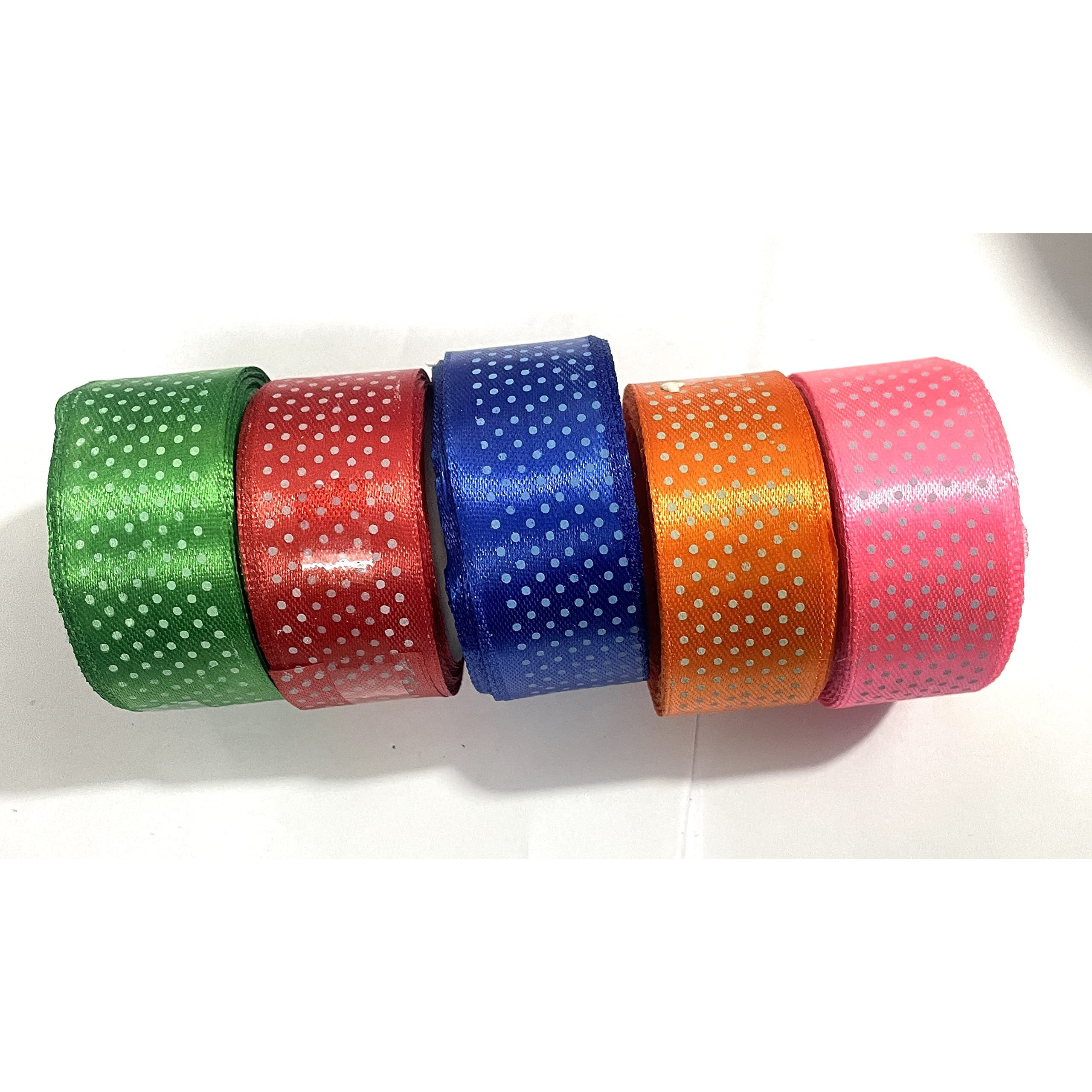 Omx Dotted Satin Ribbon 1" Inch (25Mm)  Set Of 5Pcs  Length 8M Each Roll (1"  Pack Of 5Pcs) Multi Colour