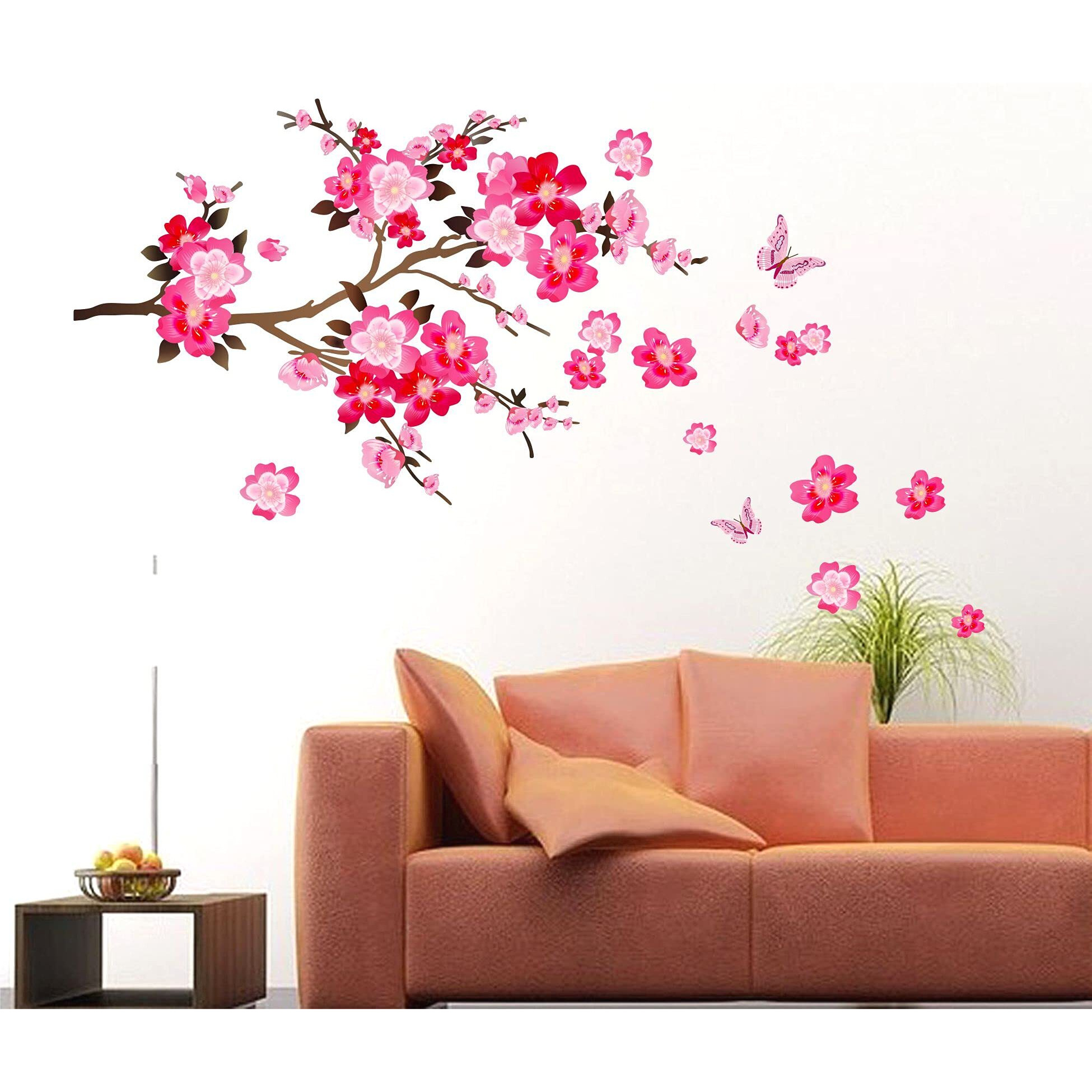 Decals Stock Pink Branch Floral Vinyl Wall Sticker (114 X 66 Cm, Multicolor)
