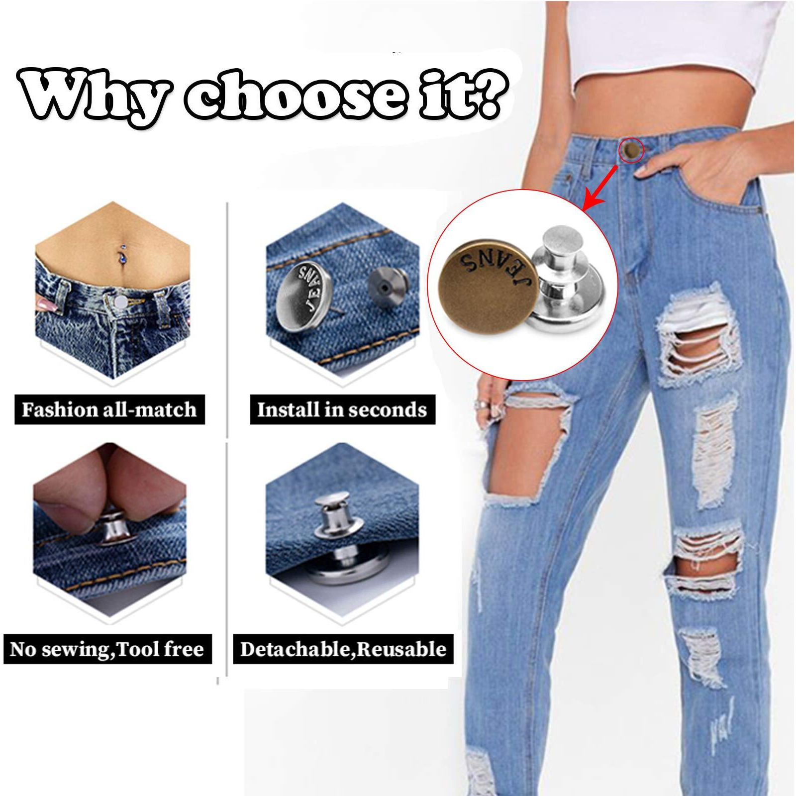 [Upgraded] 8 Sets Jean Button Pins, Toovren Perfect Fit Jean Button Replacement Button Pins For Jeans Button Pin Instant Buttons For Pants Fashion Jean Swing Craft Diy, Easy To Use And No Tools Requi