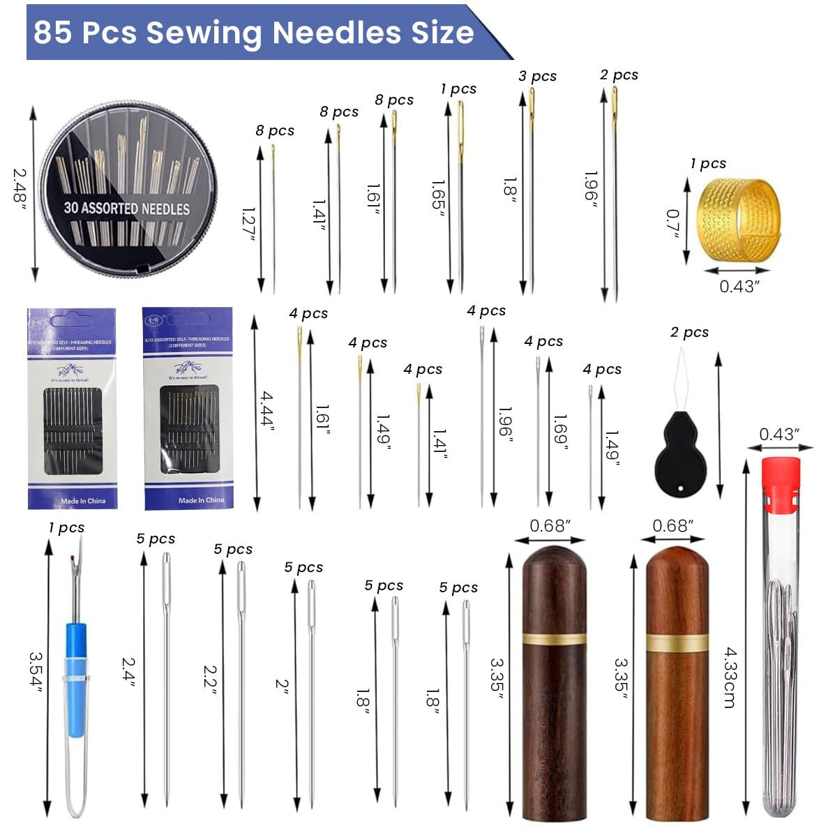 Hasthip 85Pcs Hand Sewing Needles Set, 3 Styles 14 Sizes Assorted Needles For Sewing, Sharp Sewing Needles Large Eye, Self Threading Needles For Handsewing Diy Art Crafts
