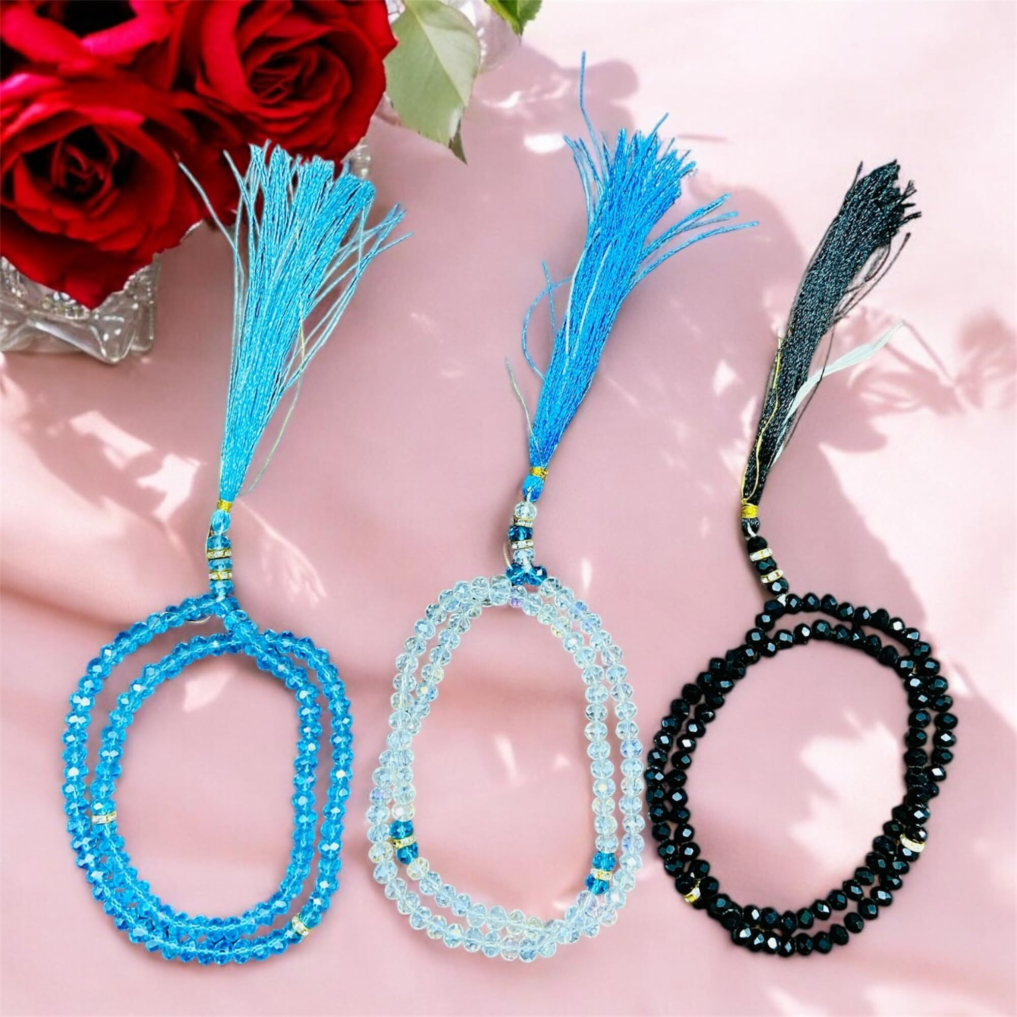 The House Unisex Adult Crystal Beautiful Tasbeeh/Tasbih/Mala/Beads With Diamond Cut (Blue, White, Black) - Pack Of 3