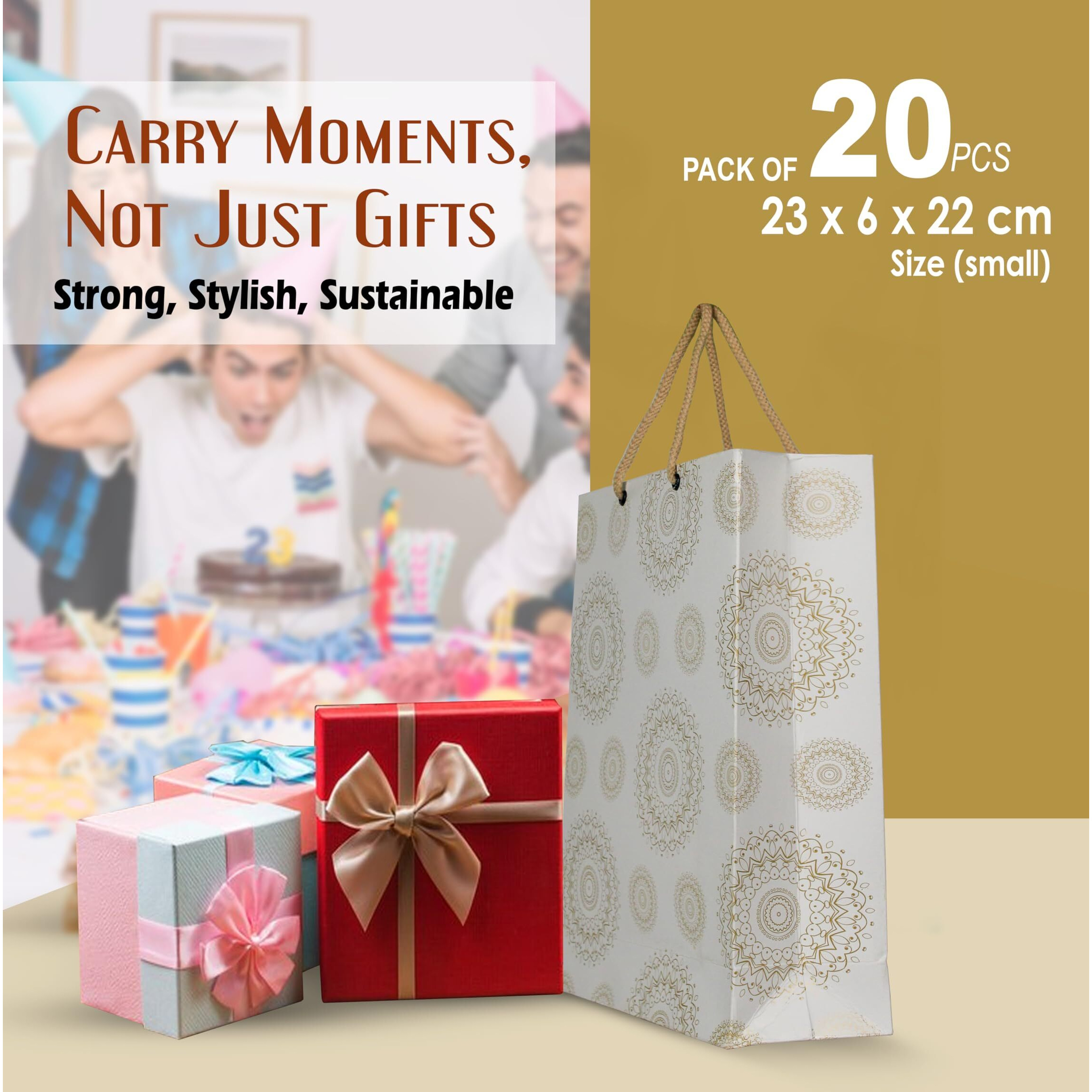 Kosy Pack Of 20 Gift Carry Bag | Eco-Friendly Recycle Paper Bag For Gifting | Sturdy & Versatile Paper Bag For Shopping | Small Gift Bag 22X6X22 Cm | Carry Bag For Gifting White Print Design