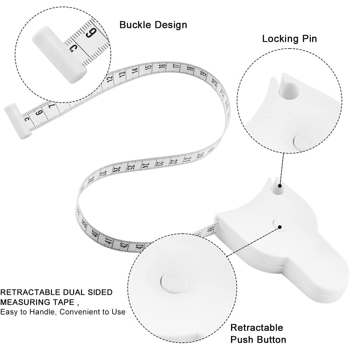 Zuptix Body Measuring Tape - Retractable Inch Tape With Lock Pin And Push Button - 150Cm Measure For Fat Measurement, Weight Loss, And Sewing