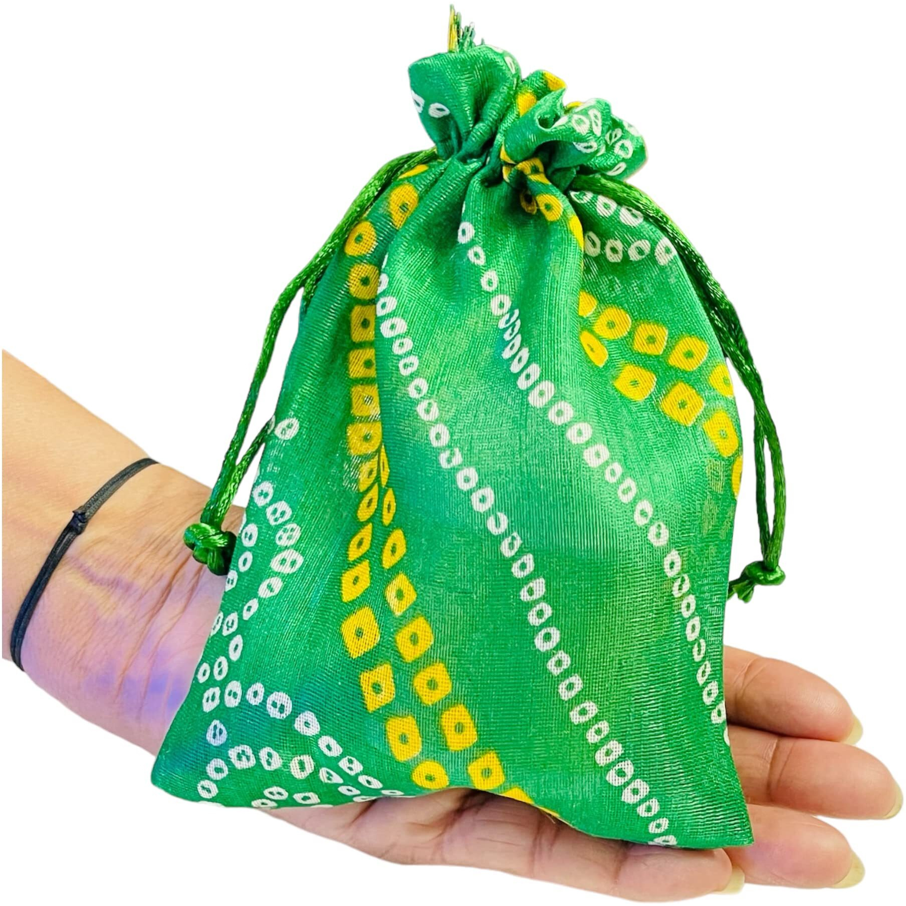 Krisah Pack Of 50 Pcs Potli Gift Pouches Bags, Small Size,18 Cm X 12 Cm, Bandhej Print, Green