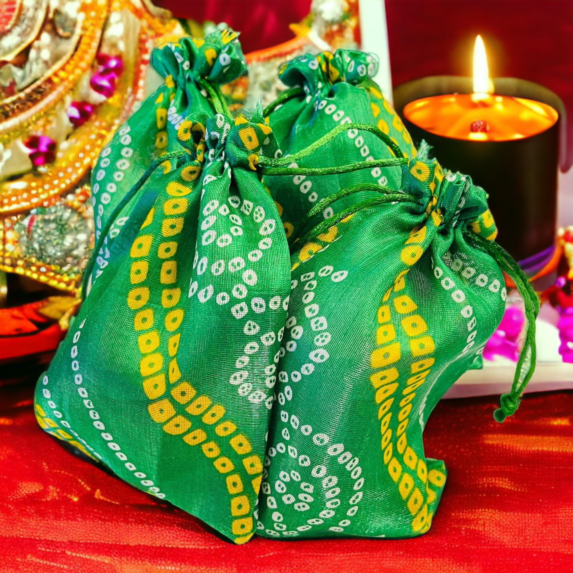 Krisah Pack Of 50 Pcs Potli Gift Pouches Bags, Small Size,18 Cm X 12 Cm, Bandhej Print, Green