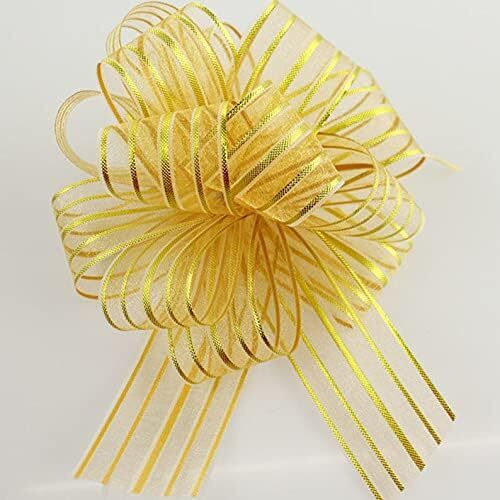 Omx -10 Bow Golden Colour Colour 50 Mm Pull Bow Organza Striped Ribbon String With 35" Long Tulle Tails Party Bridal Gift Wrap Wrapping Bows,Gift Bows, Christmas Bows