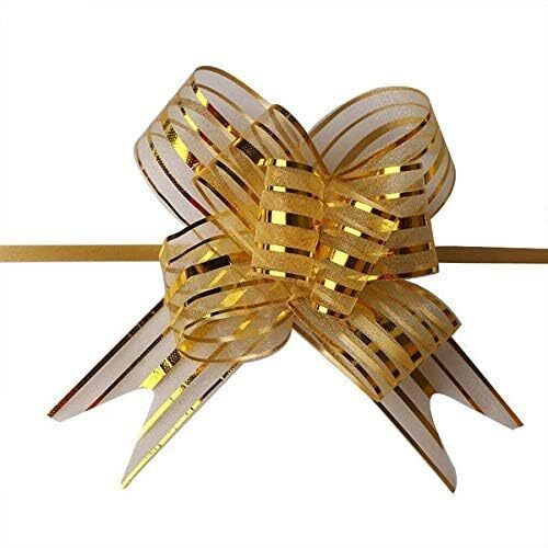 Omx -10 Bow Golden Colour Colour 50 Mm Pull Bow Organza Striped Ribbon String With 35" Long Tulle Tails Party Bridal Gift Wrap Wrapping Bows,Gift Bows, Christmas Bows