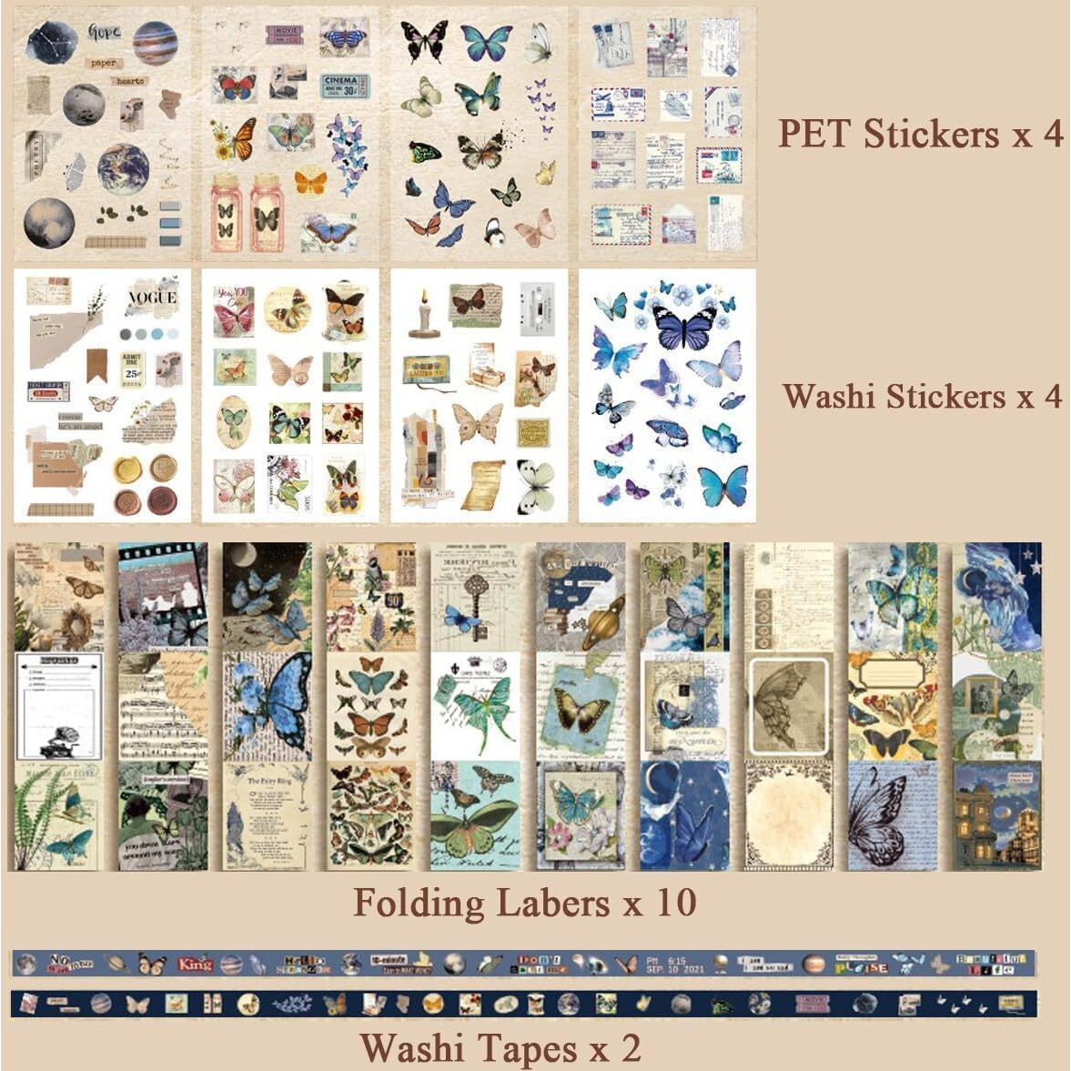 Lanloy 346Pcs Journal Supplies Kit Vintage Scrapbook Stickers Art Journaling Bullet Junk Journal Planners Diy Collage Album (New Butterfly) Self-Adhesive, Wall,18.2 Cm