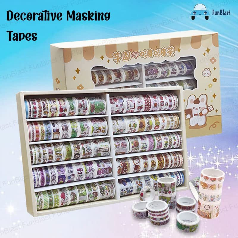 Funblast Washi Tape Set, 100 Pcs Set Cute Washi Tape Kit, Designer Decorative Masking Tapes For Diy Crafts Arts Scrapbooking Bullet Journal Planners, Stationary Items(Random Color And Design)