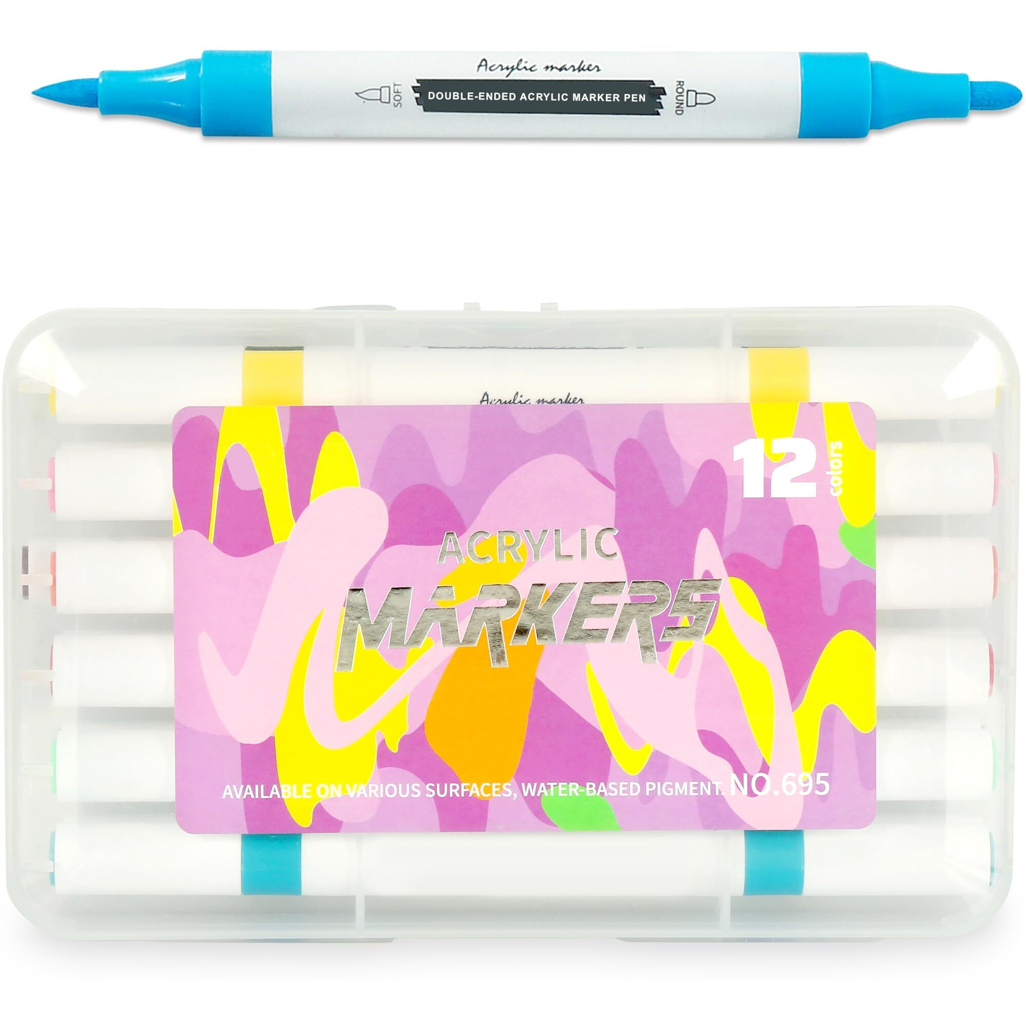 Glun Aclyric Double Head Markers, Water Based 12 Shades Colour Markers With 2 Different Tips, Work In Stones, Cloths, Glass, Wood & Paper, Pens For Card Making, Scrapbooking