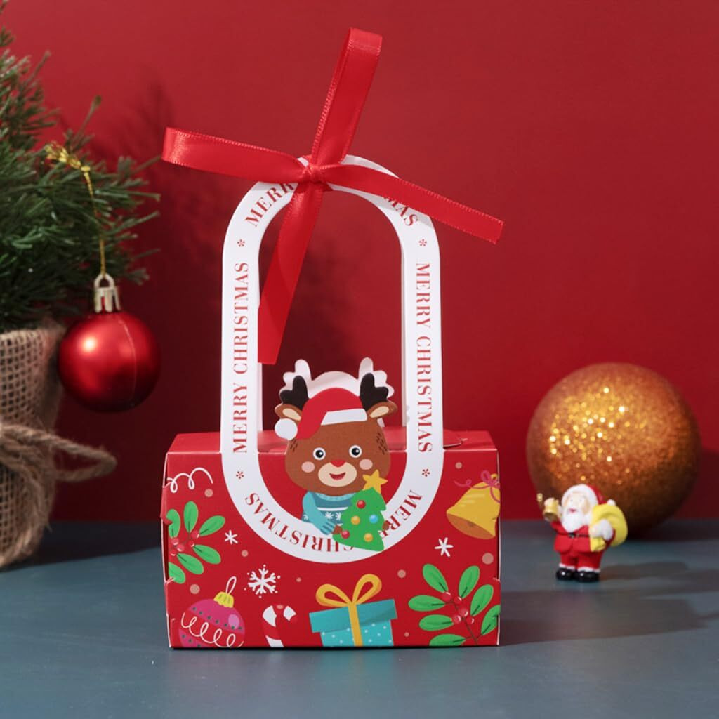 Venzina 10Pcs Christmas Decorative Folding Gift Boxes For Packaging With Ribbon Cute Elk, Christmas Gift Boxes Candy Gift Package Box Diy Christmas Gift Packing Paper Box With Handles X'Mas Gift Box