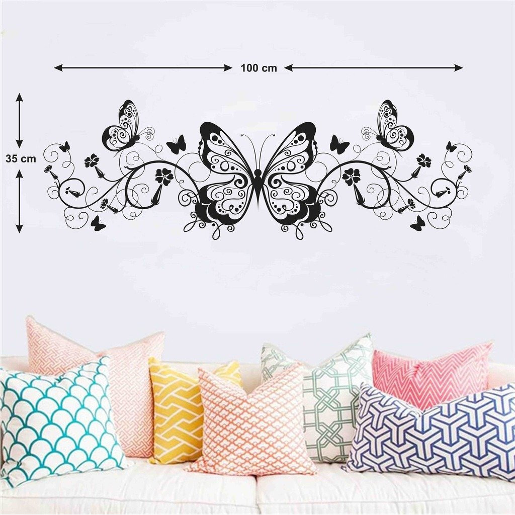 Decals Design 'Butterflies With Twisted Vine And Flowers' Wall Sticker (Pvc Vinyl, 60 Cm X 45 Cm X 1 Cm, Black)