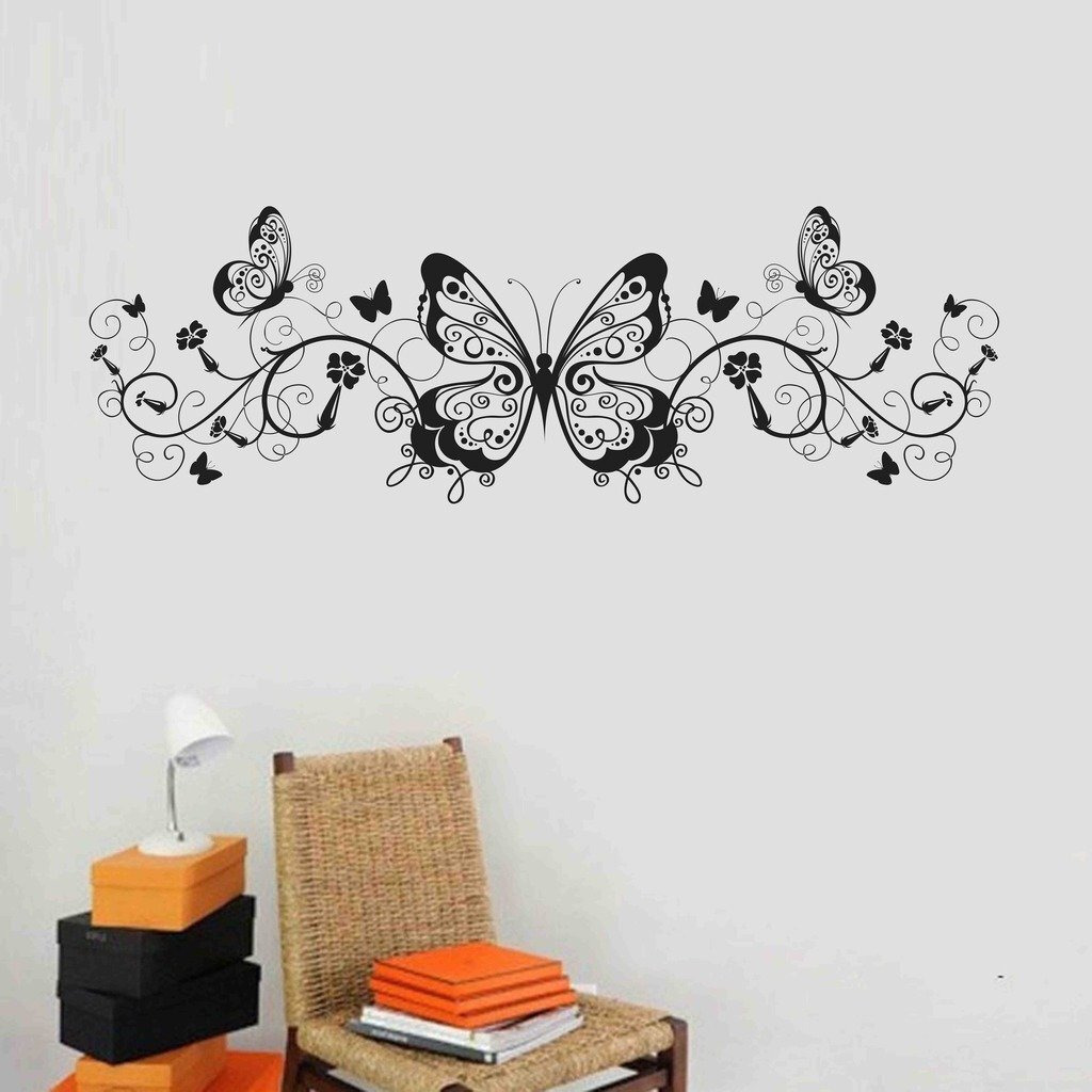 Decals Design 'Butterflies With Twisted Vine And Flowers' Wall Sticker (Pvc Vinyl, 60 Cm X 45 Cm X 1 Cm, Black)
