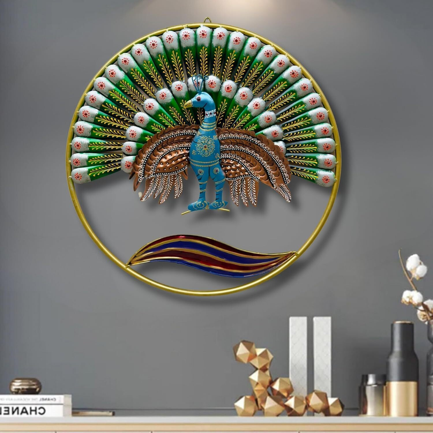Rsn Metal Multicolor Peacock Wall Decor,Metal Wall Hanging For Living Room, Wall Art Size-25X25 Inch
