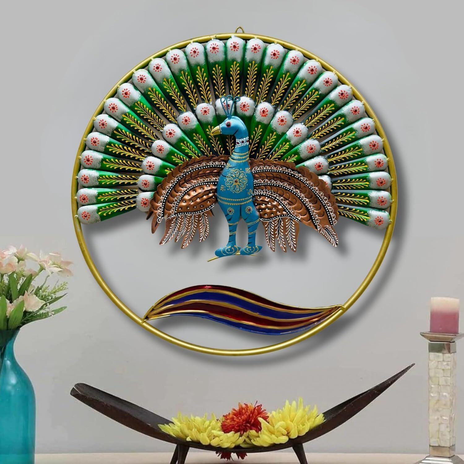 Rsn Metal Multicolor Peacock Wall Decor,Metal Wall Hanging For Living Room, Wall Art Size-25X25 Inch