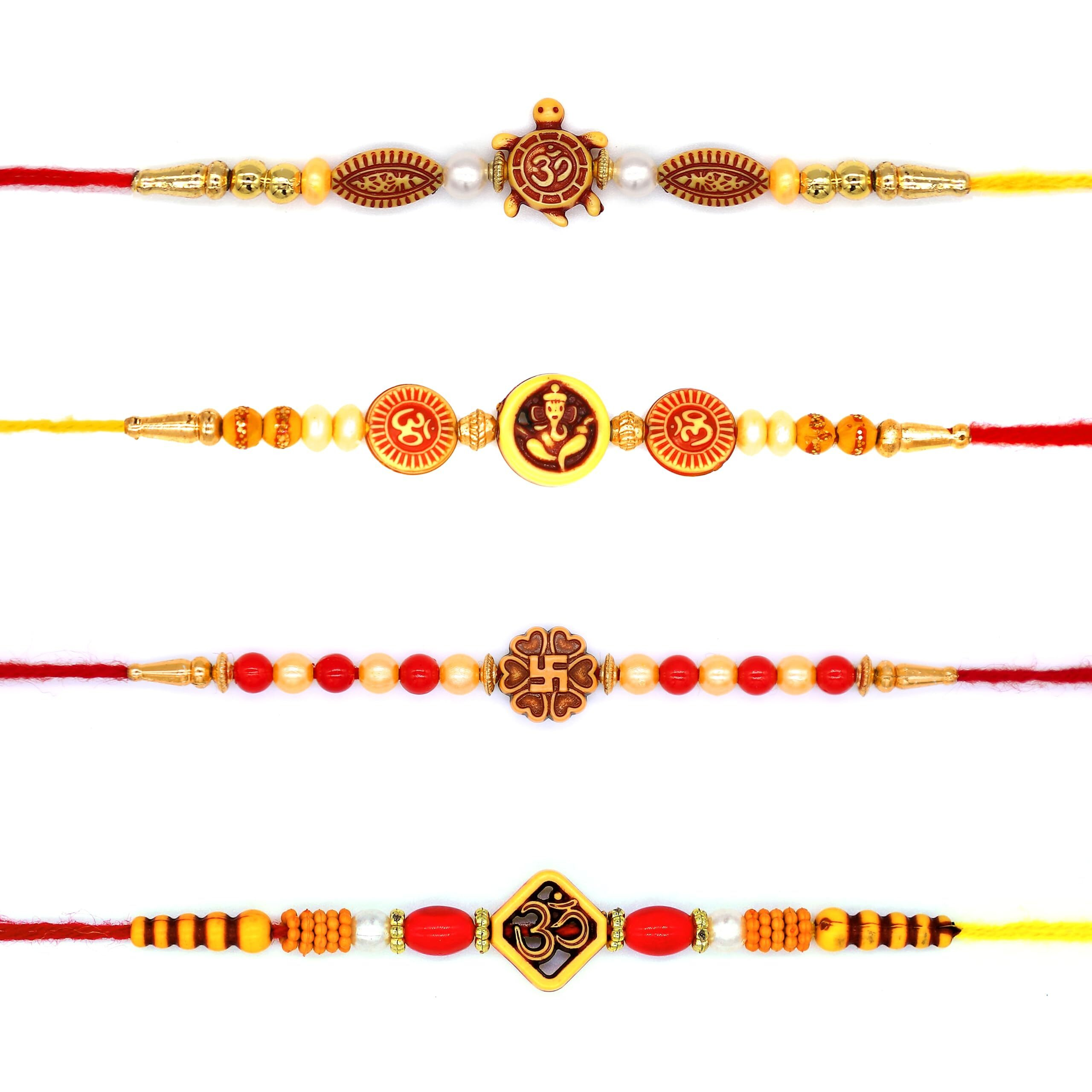 Dmoksh Rakhi For Brother 4 Pics Rakhi Set Designer Rakhi For Brother With Roli & Rise|God Rakhi For Raksha Bandhan |Bracelet Rakhi|Wooden Beads&Pearl|Best Gift Rakhi For Brother.