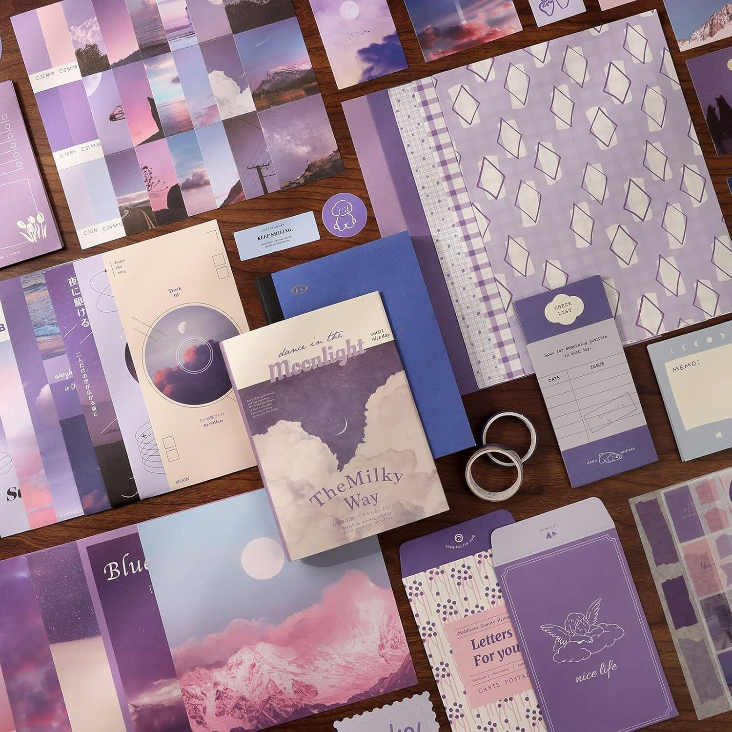 Atiramaniya 346Pcs Vintage Scrapbook Kit Aesthetic Junk Journal Set With Stickers, Washi Tape, A6 Notebook & Decorative Paper, All-In-One Scrapbook Kit Stationery (Purple)