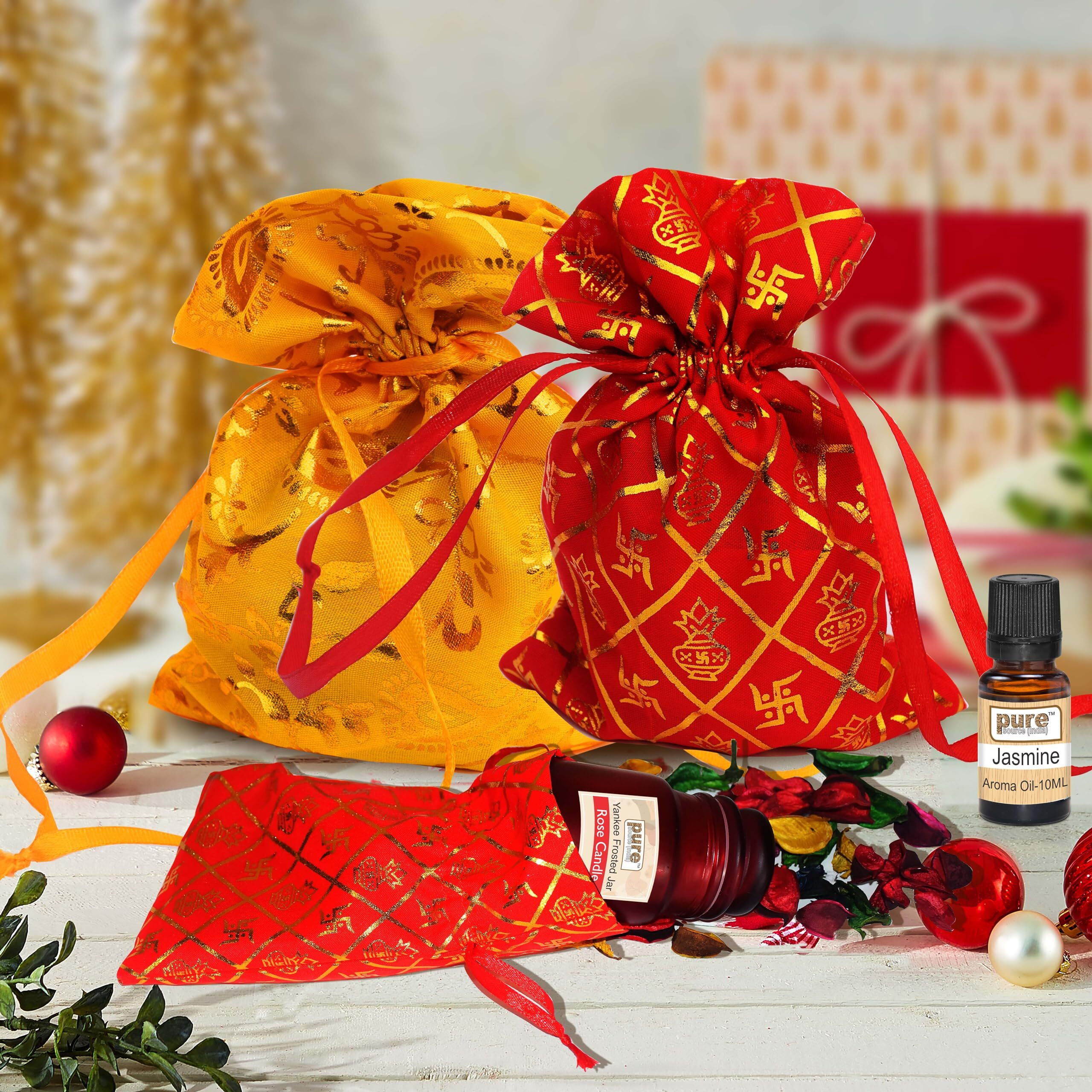 Pure Source India Orgenza Pouch/Potli For Weeding Gift, Return Gift, Dry Fruits And Diwlai Gift (4X7 Inch) (Set Of 6 Pcs)