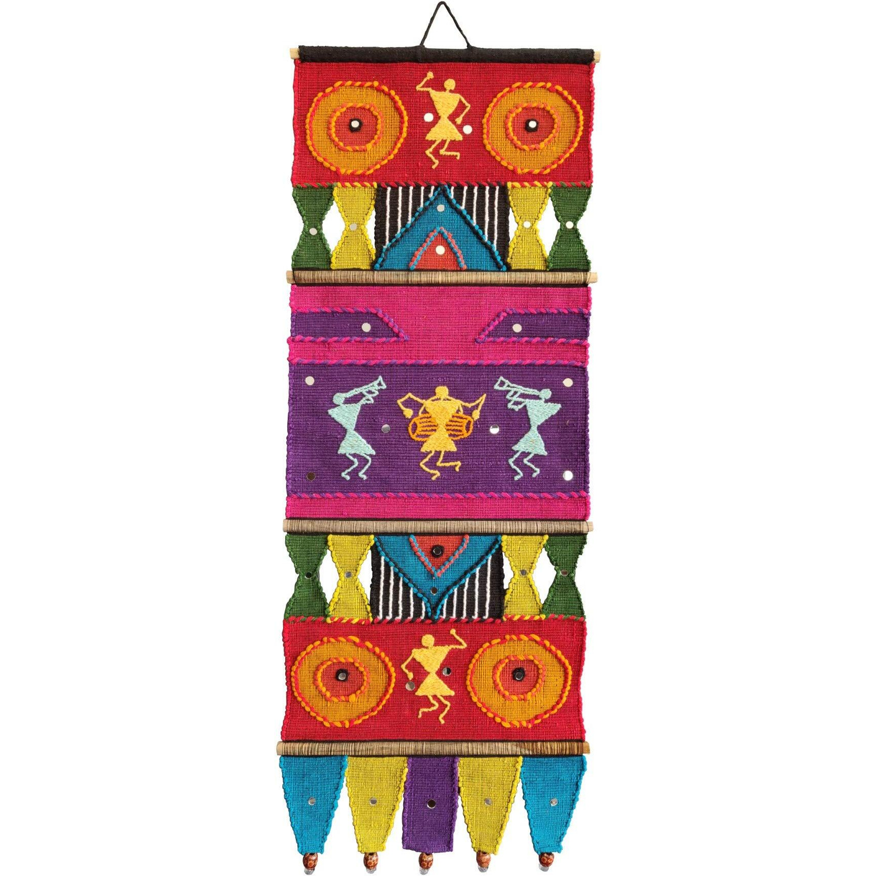 Varunavi Handloom Cotton Warli Dolls Wall Hanging Home Decor Tapestry 39" X 14"