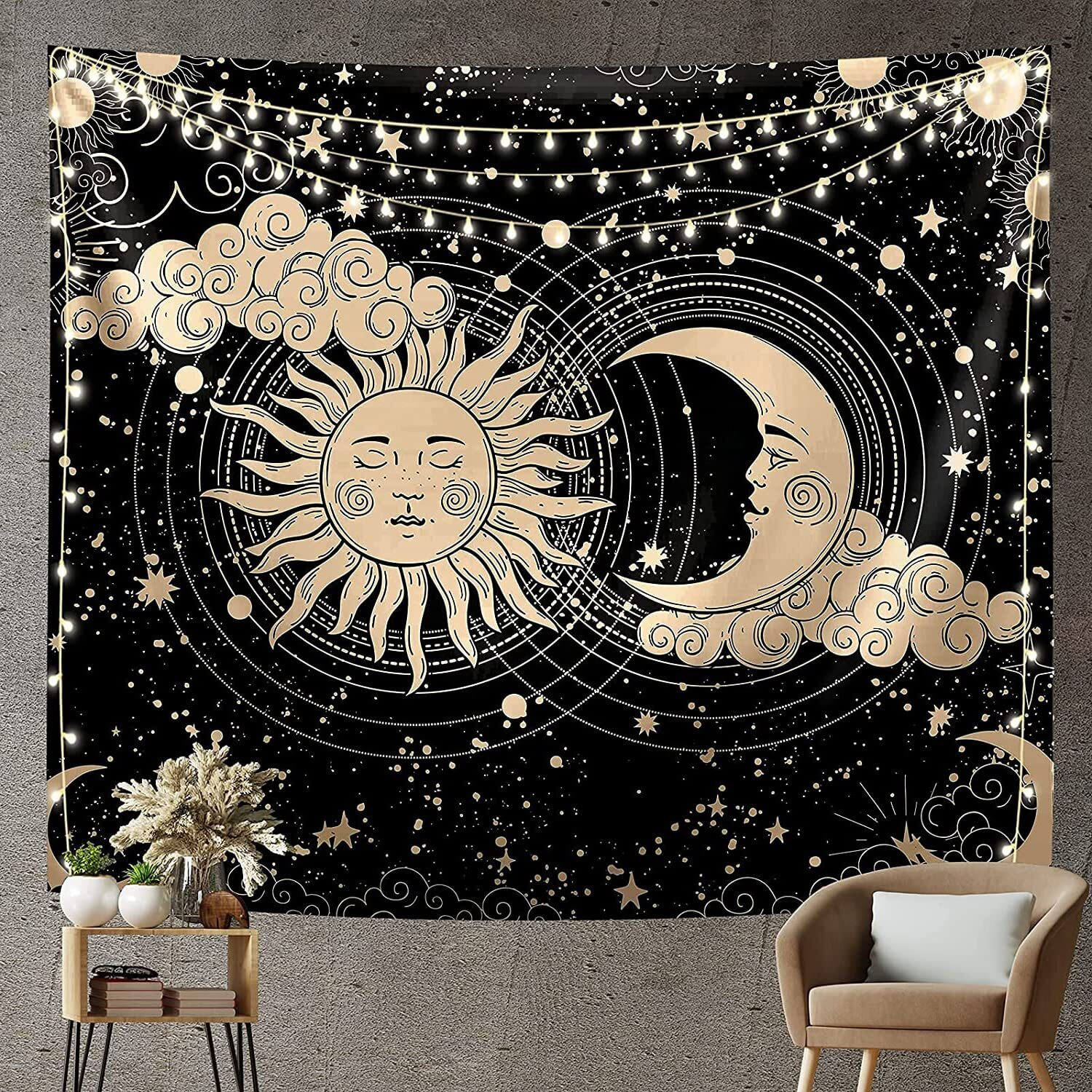 Elephantboat Sun And Moon Tapestry Aesthetic,Black Dark Spiritual Tapestries Wall Hanging Room Decor For Bedroom & Livingroom,Size 51 By 59