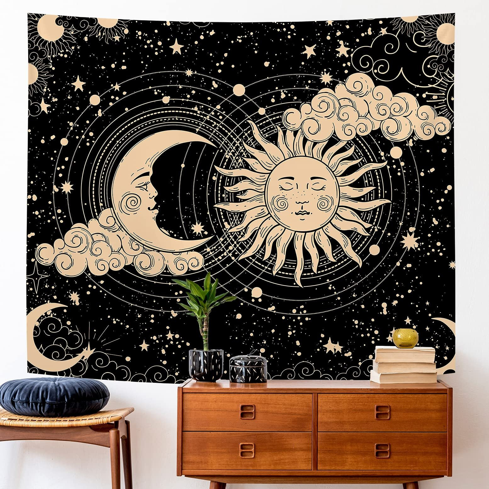 Elephantboat Sun And Moon Tapestry Aesthetic,Black Dark Spiritual Tapestries Wall Hanging Room Decor For Bedroom & Livingroom,Size 51 By 59