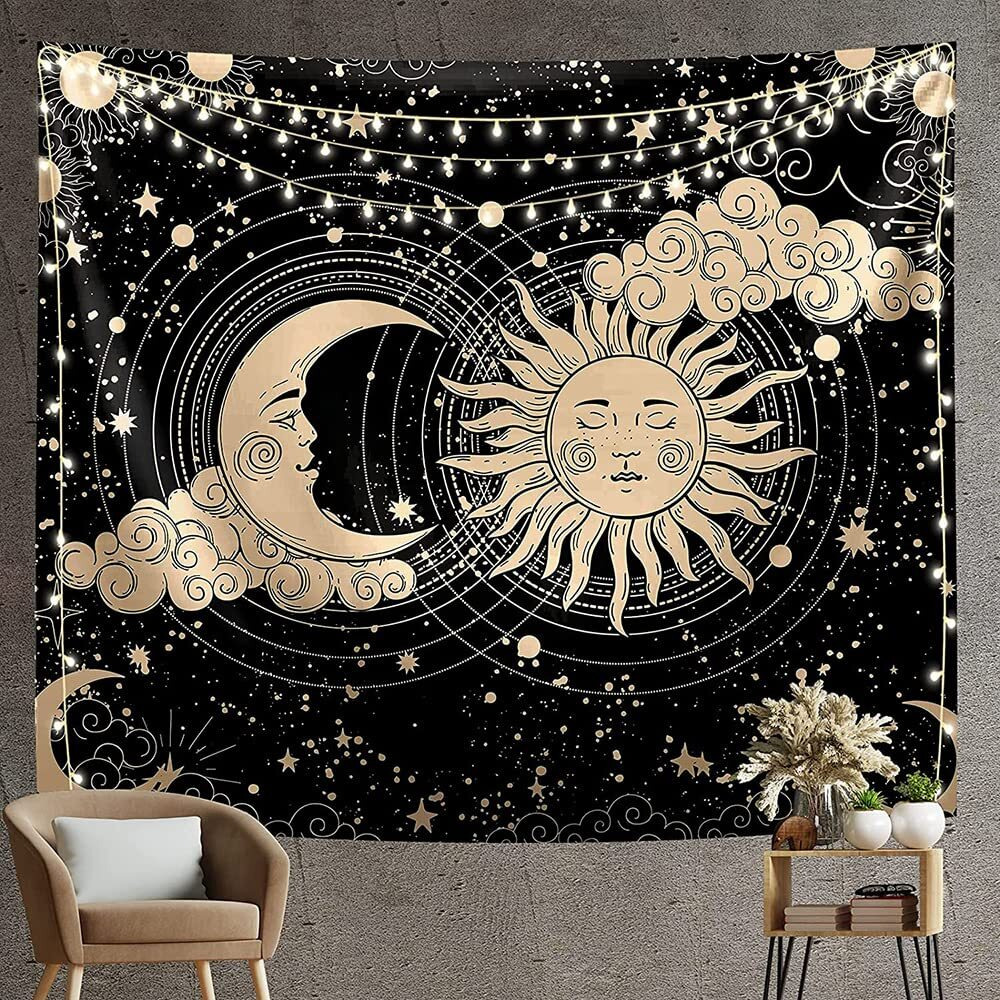 Elephantboat Sun And Moon Tapestry Aesthetic,Black Dark Spiritual Tapestries Wall Hanging Room Decor For Bedroom & Livingroom,Size 51 By 59