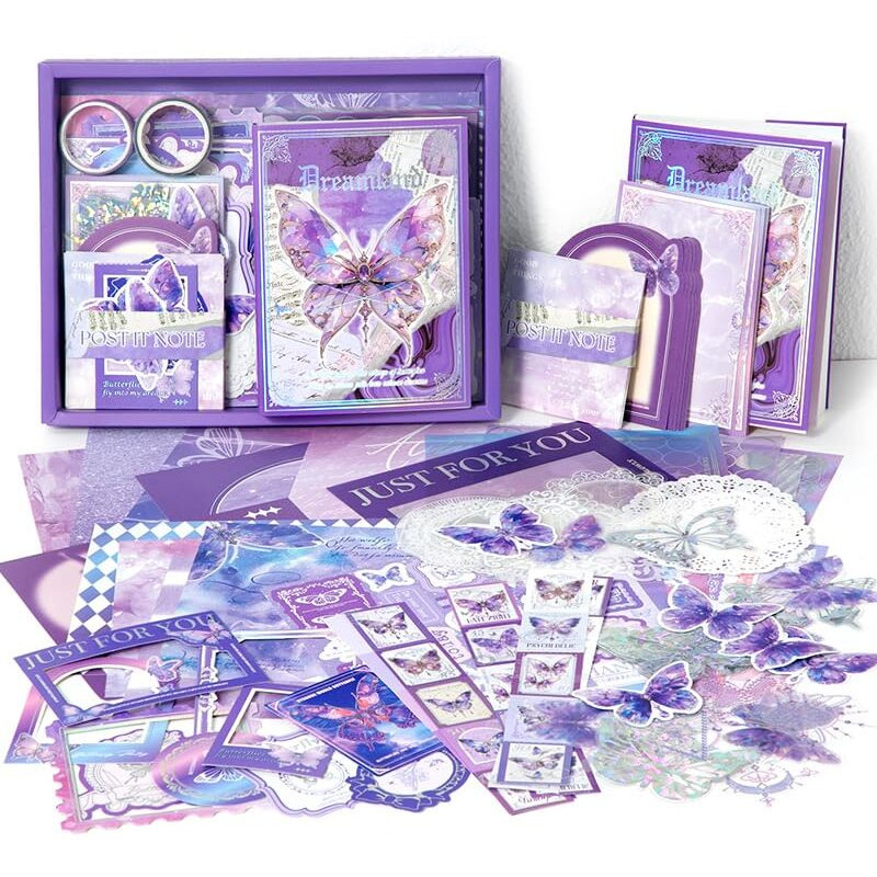 Svulint Paper Vintage Big Size Aesthetic Scrapbook Kit, Scrapbooking Supplies Kit With Bullet Junk Journal,Stationery,A6 Grid Notebook Journaling Gift Set (Purple Butterfly)