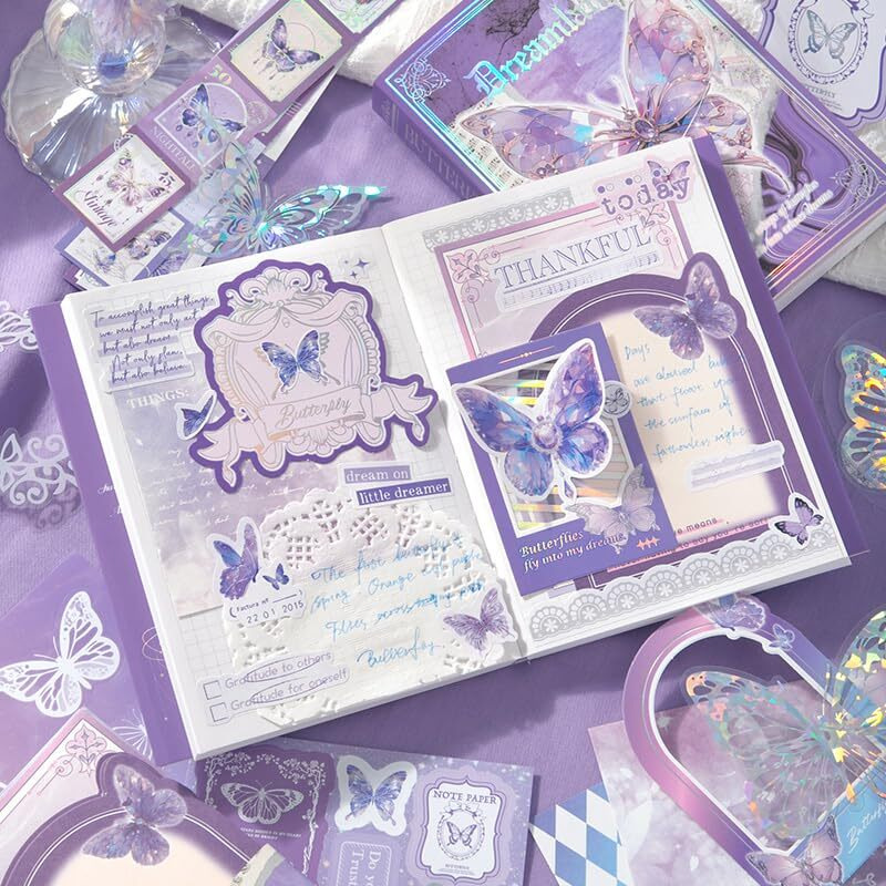 Svulint Paper Vintage Big Size Aesthetic Scrapbook Kit, Scrapbooking Supplies Kit With Bullet Junk Journal,Stationery,A6 Grid Notebook Journaling Gift Set (Purple Butterfly)