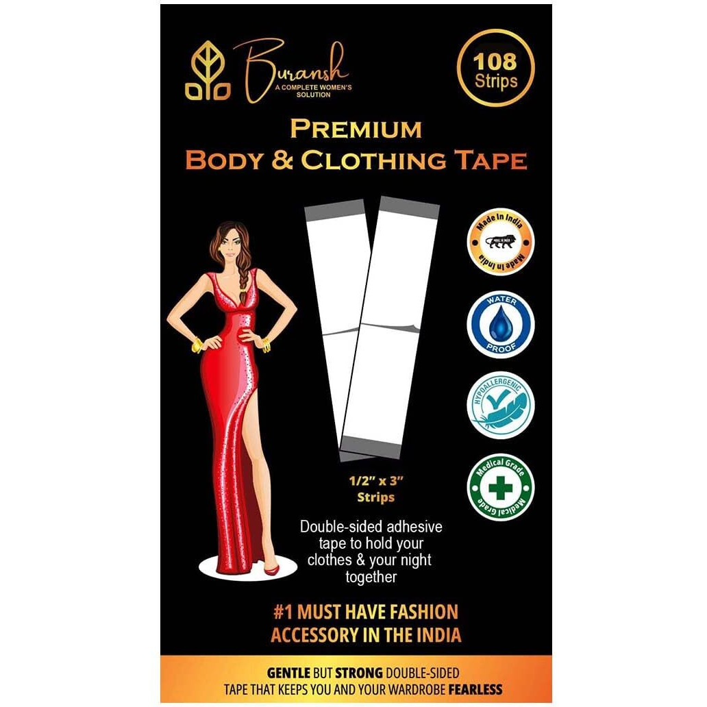 Buransh Double Sided Tape For Fashion, Clothing And Body | All Day Strength Tape Adhesive And Gentle On Skin And Fabrics | Transparent Clear Color For All Skin Shades (108)