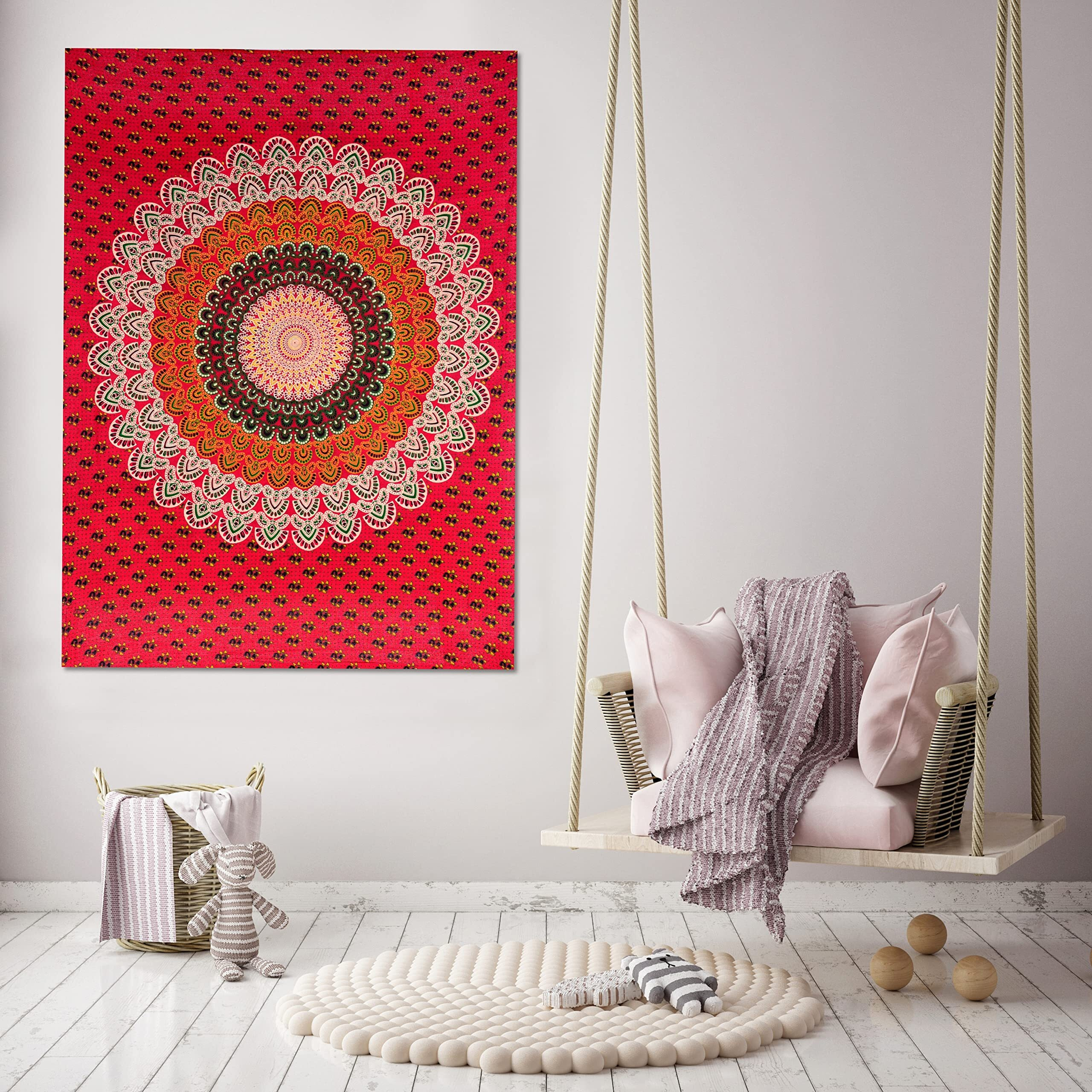 Ravaiyaa - Attitude Is Everything Peacock Mandala Printed Poster Yoga Mat Home Wall Sofa Decor Cotton Wall Hanging Small Tapestry (Red)
