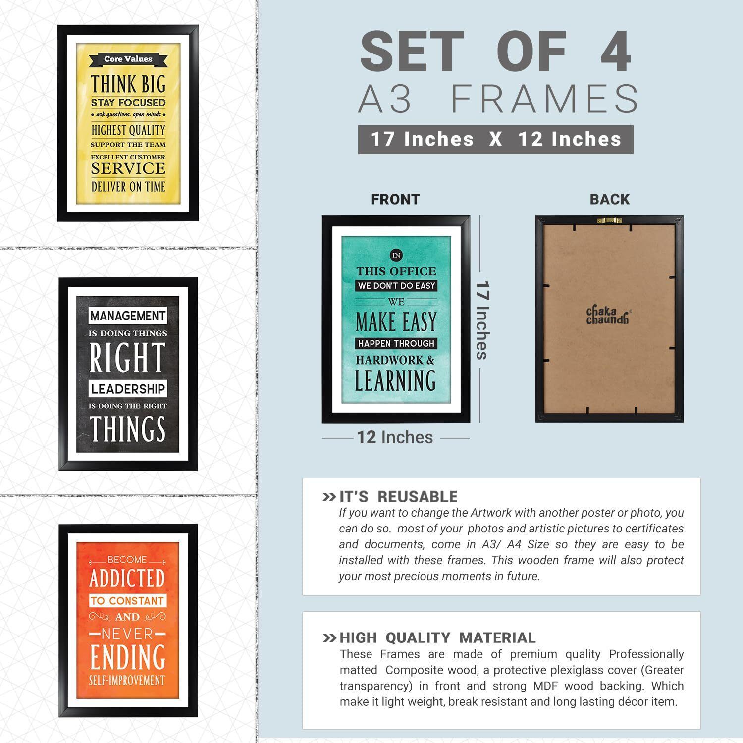 Chaka Chaundh Motivational Office Business Quotes Vintage Wall Frames (A3 And A4, Multicolour) -Set Of 8