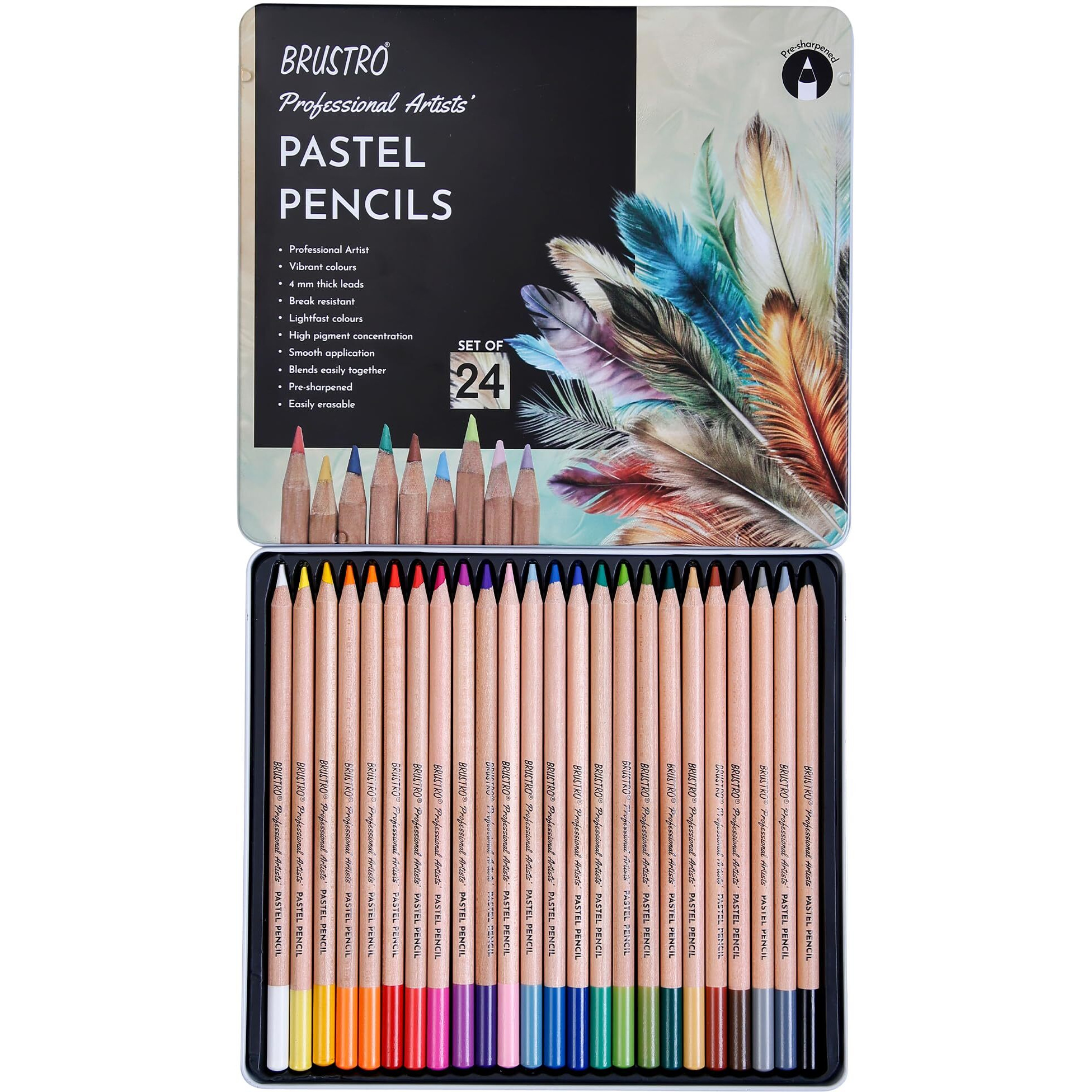 Brustro Artists Pastel Colored Pencils - Set Of 24 Shades - 4Mm Lead | Break Resistant, Erasable, High Pigmented, Vibrant Colours | Ideal For Drawing, Mandala, Shading, Portrait, Fine Art Students.