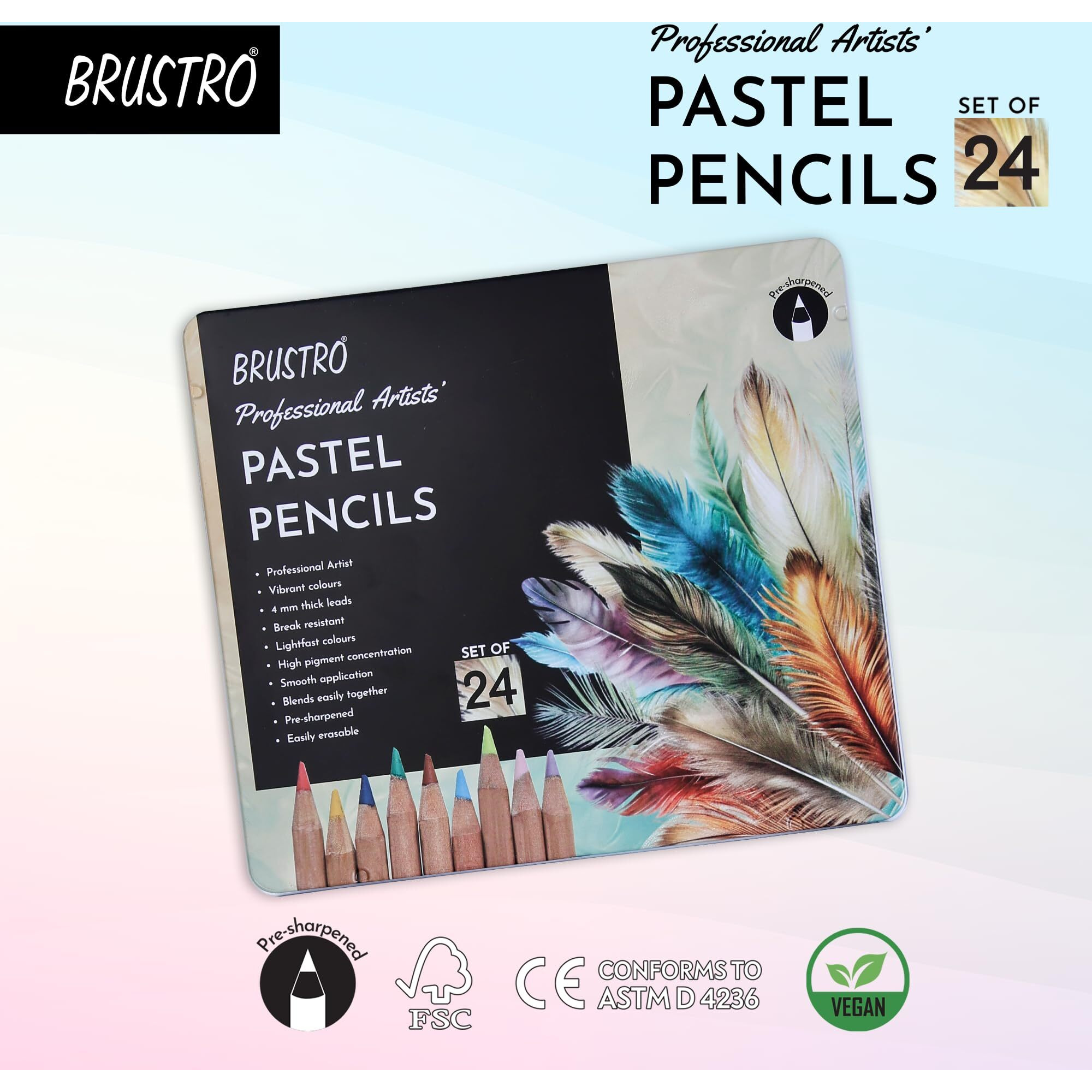 Brustro Artists Pastel Colored Pencils - Set Of 24 Shades - 4Mm Lead | Break Resistant, Erasable, High Pigmented, Vibrant Colours | Ideal For Drawing, Mandala, Shading, Portrait, Fine Art Students.