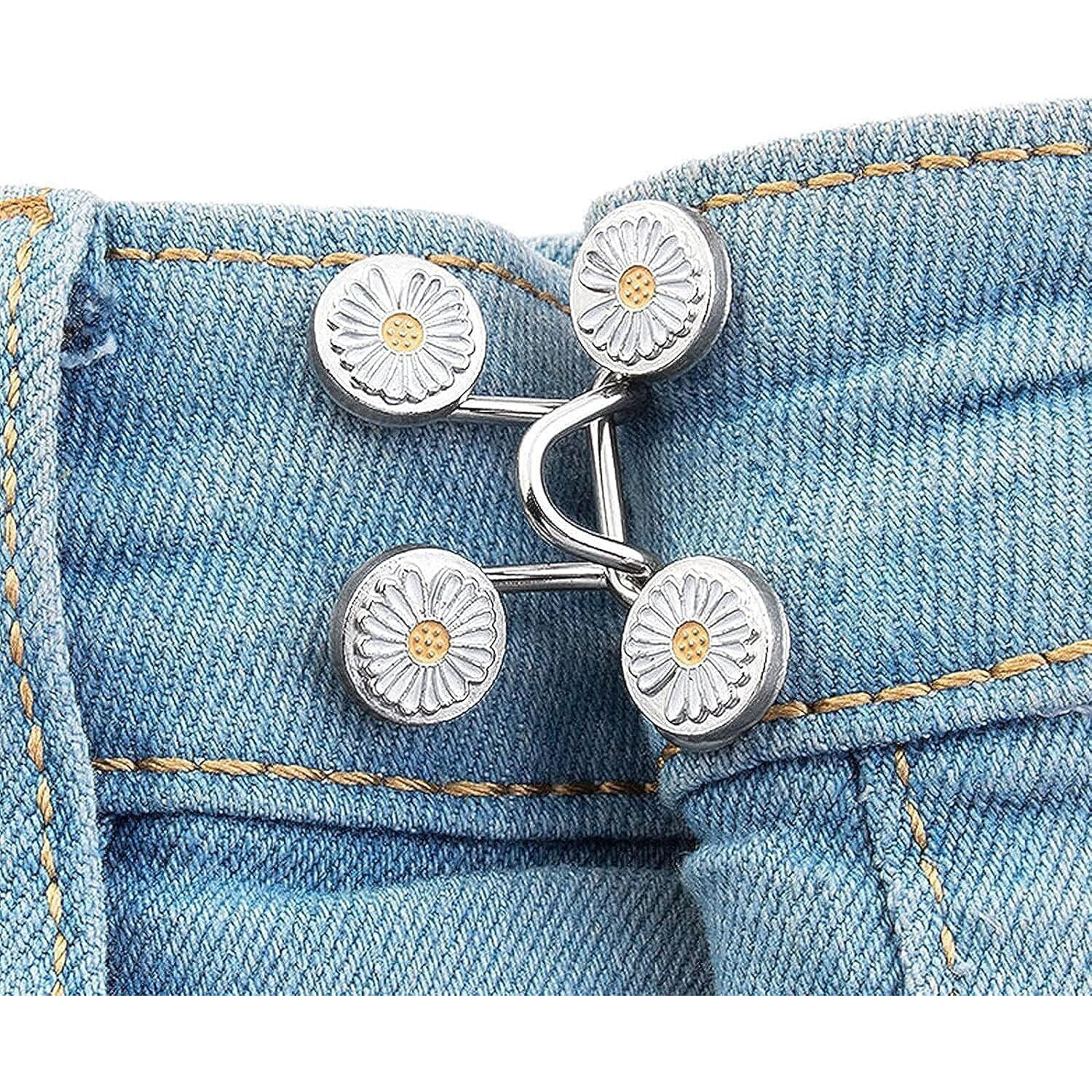 Mgnlr Instant Jeans Button Pins Waist Tightener Set, Make The Waist Fit For Skirt Pants Robe, No Sewing Required Adjustable Waist Buckle For Loose Jeans Pants (4Pcs White Flower Waist Pin)
