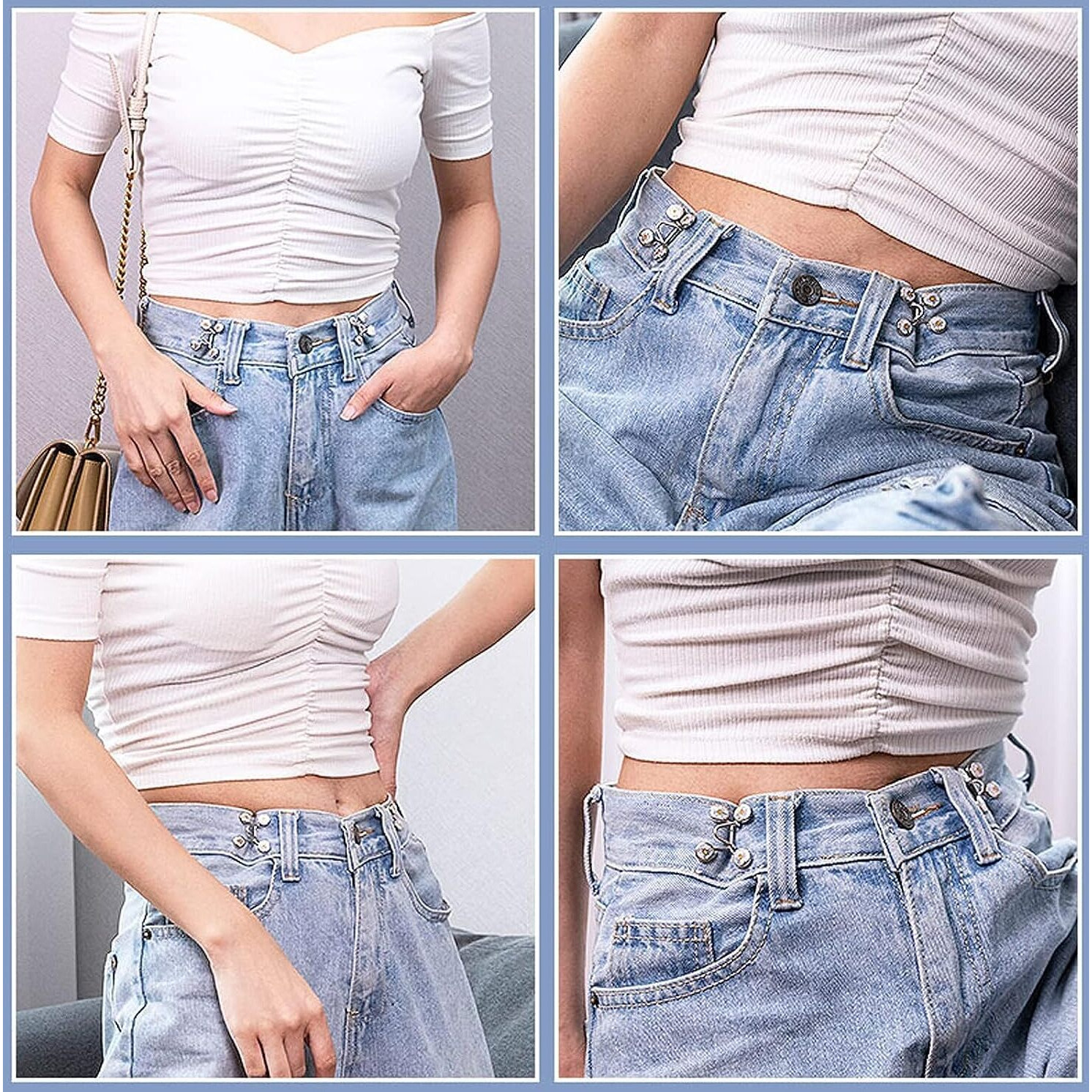 Mgnlr Instant Jeans Button Pins Waist Tightener Set, Make The Waist Fit For Skirt Pants Robe, No Sewing Required Adjustable Waist Buckle For Loose Jeans Pants (4Pcs White Flower Waist Pin)