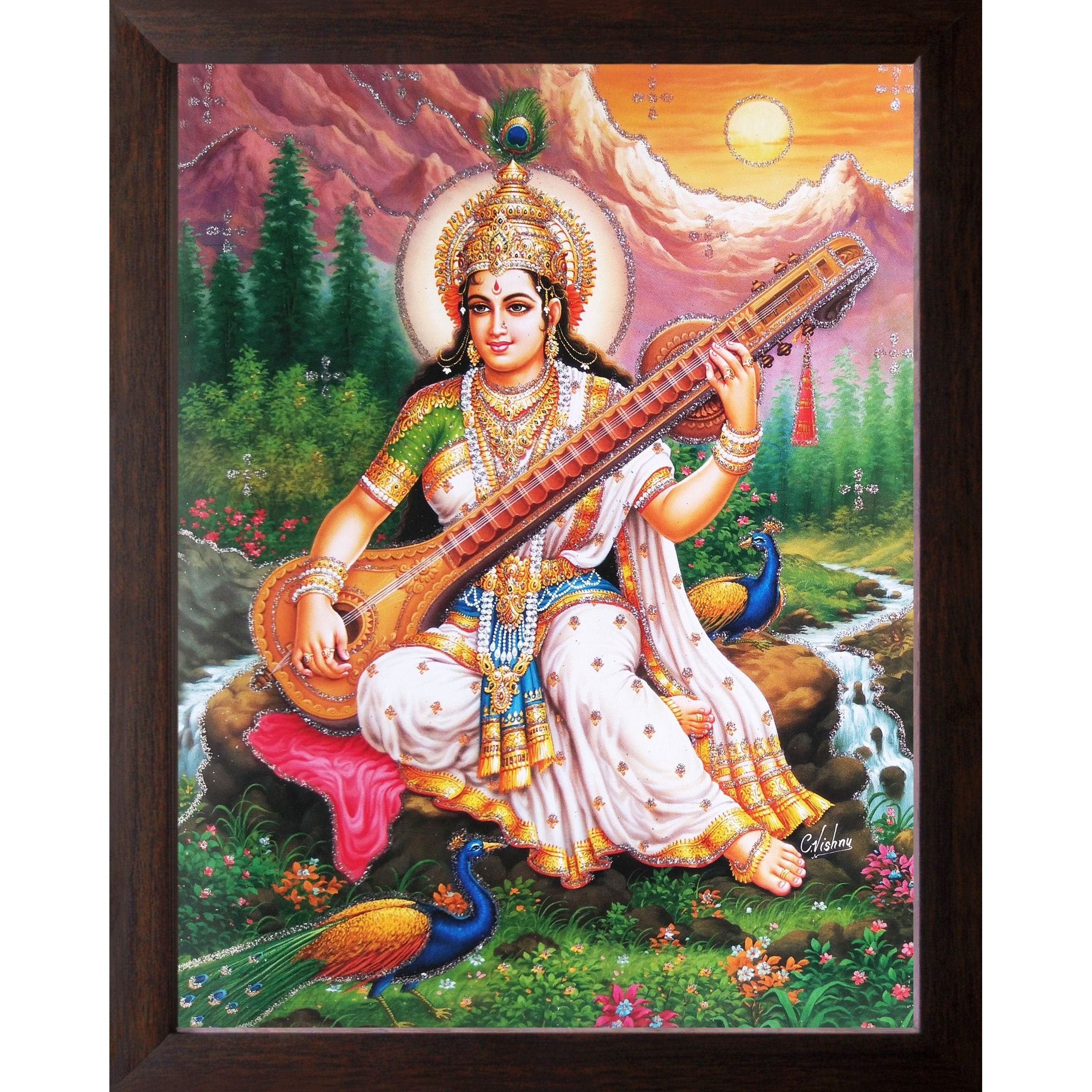 Art N Store Goddess Of Wisdom Devi Saraswati With Veena, Glitter Work Picture With Plain Brown Frame (30 X 23.5 X 1.0 Cm_ Brown Wood)