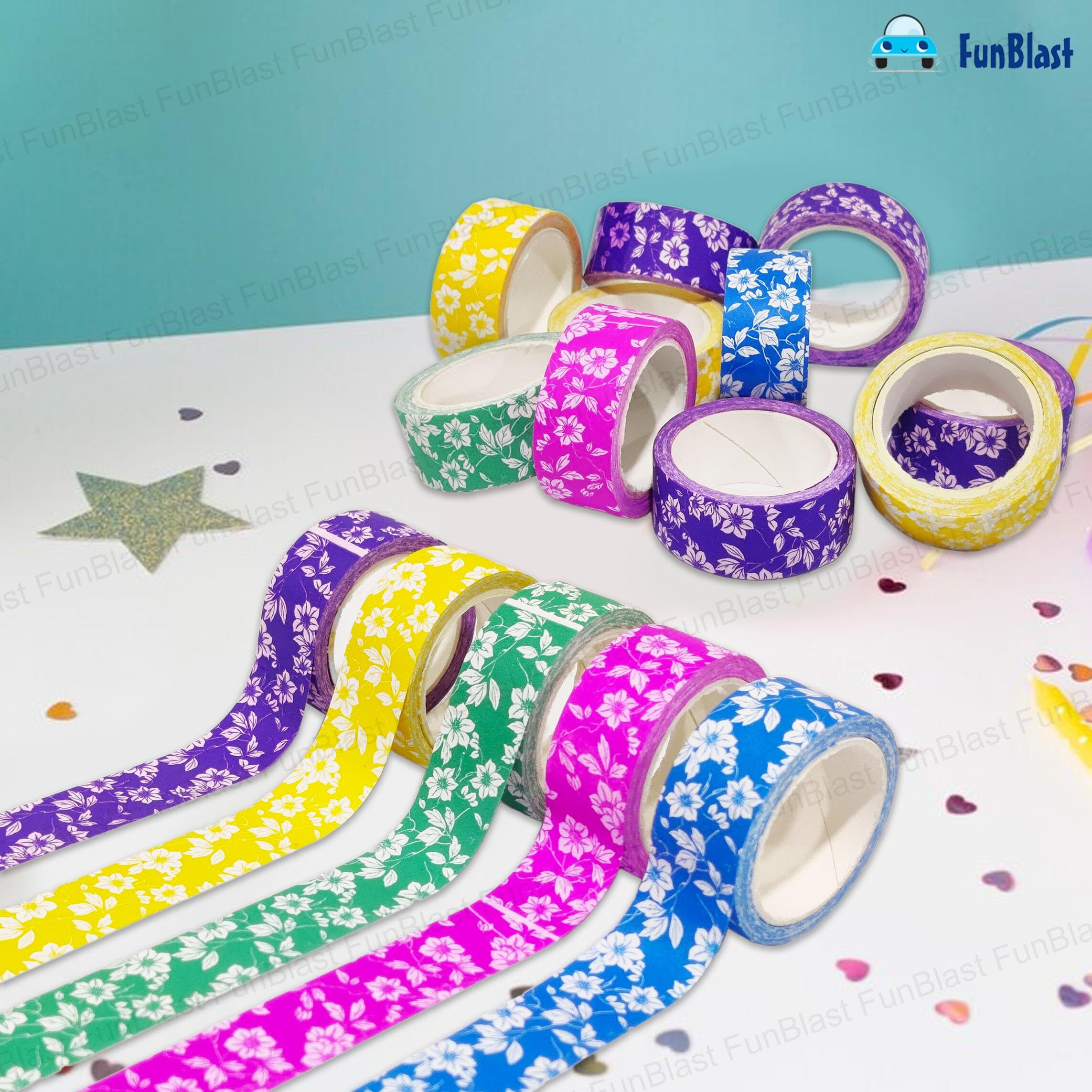 Funblast Set Of 6 Attractive Floral Design Paper Tape - Self Adhesive Paper Tapes For Decoration, Gift Wrapping Tapes, Diy Art And Craft (Multicolor) Size  20Mm X 5Mm