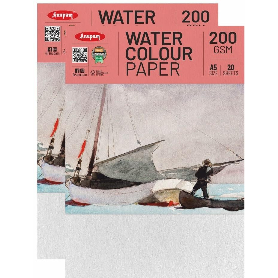 Anupam Watercolor Paper A5 200 Gsm - Cold-Pressed, Acid-Free, Both Side Usable Water Colour Papers For Watercolour, Acrylic, Gouache, Ink & Mixed Media, 20 Sheets (Pack Of 2)