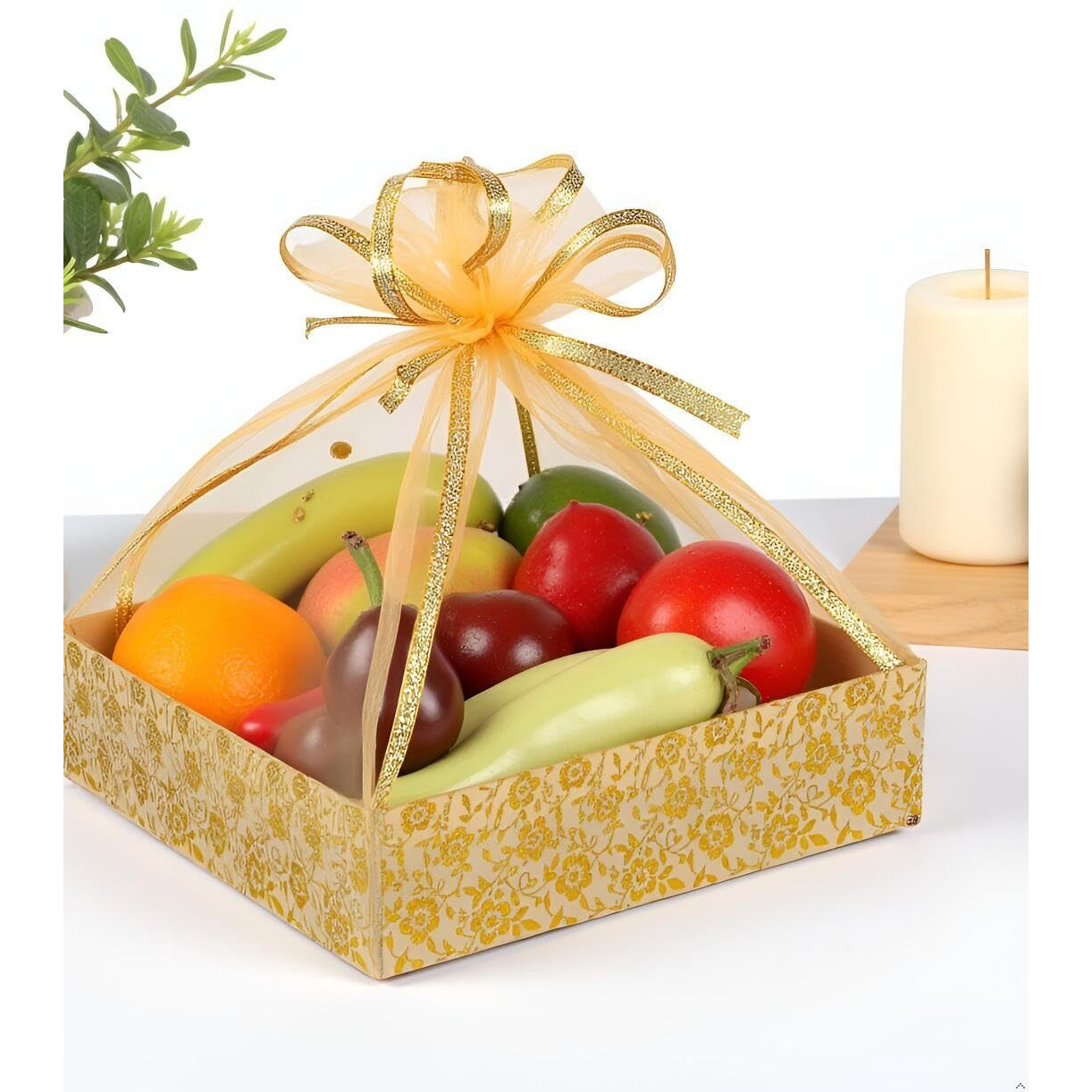 Grownex Multipurpose Fancy Square Tissue Net Basket Tray Premium Handmade Mdf Wood Gift Hamper Basket For Packing & Serving Fruits, Sweets & Gifts Large 12X12X3 Inches, Pack Of 1 (Golden, Large)