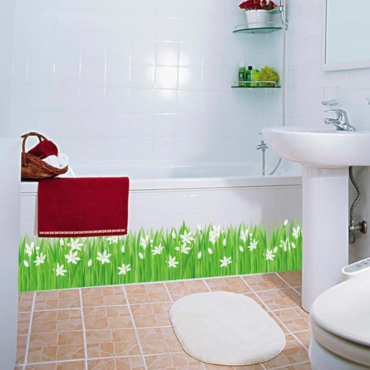 Indian Royals Green Grass Cute Little Flowers Wallstickers For Living Room Flowers, Floral Stickers, Flower Sticker, Nature Wallstickers, Flower Design (70 Cm X 50 Cm)