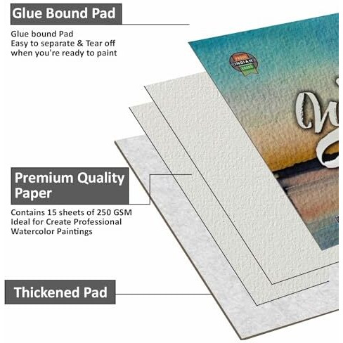 Anupam 100% Cotton Hot Pressed Watercolour Paper Pad  A4 Size  250 Gsm  Natural White  30 Pages  Smooth Texture For Watercolor, Gouache, Ink & Mixed Media