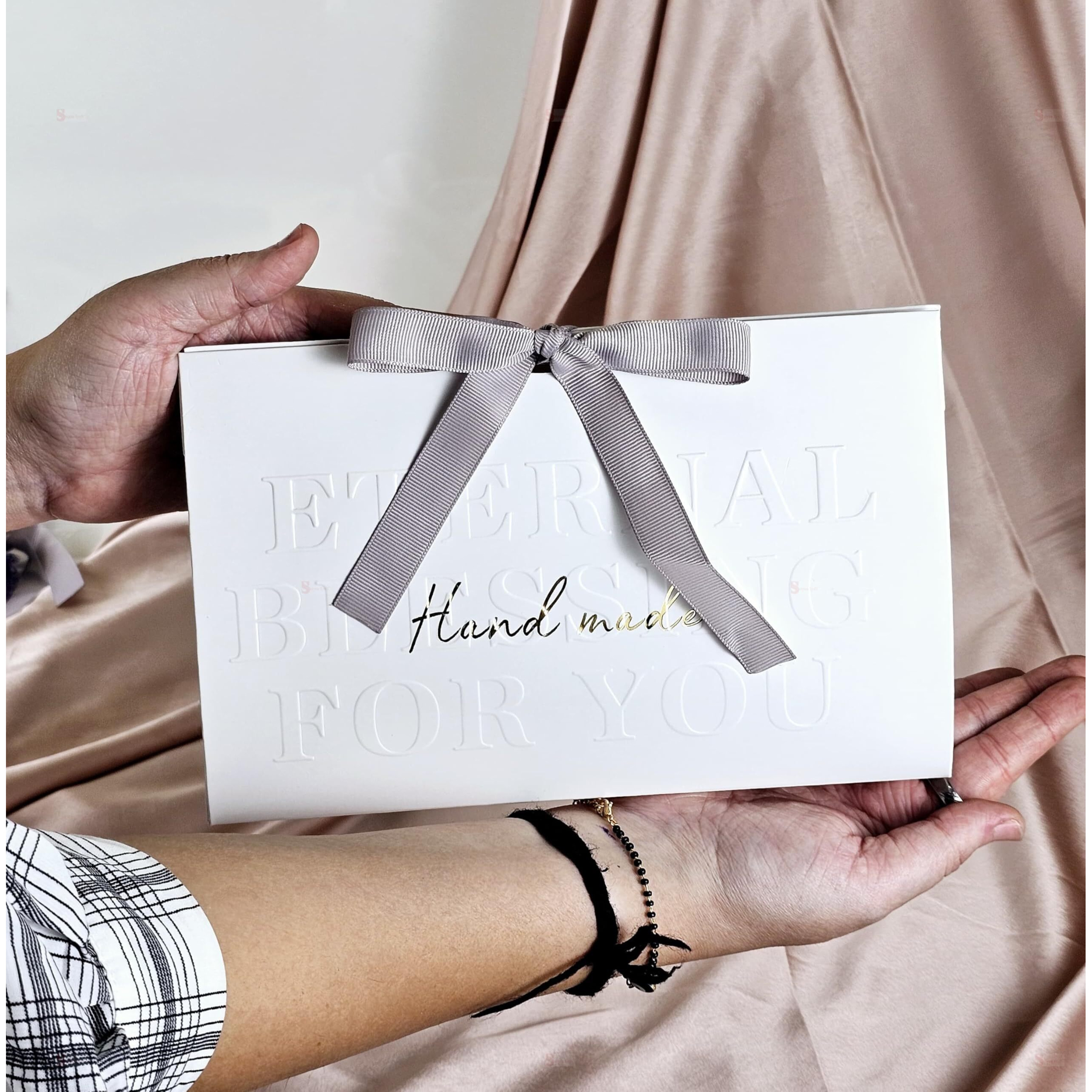 Satyam Kraft 4 Pcs White Folding Paper Gift Boxes With Ribbon | Decorative Favor Boxes For Wedding, Birthday, Return Gifts, Festivals & Chocolate Packing (White, Pack Of 4)