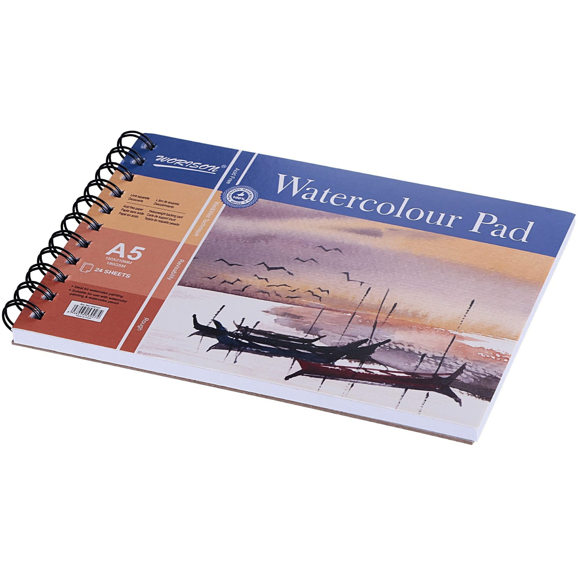 Worison A5 Size Water Color Drawing Book With 24 Sheets, Spiral Bound Art Book, Acid Free 180Gsm Drawing Book