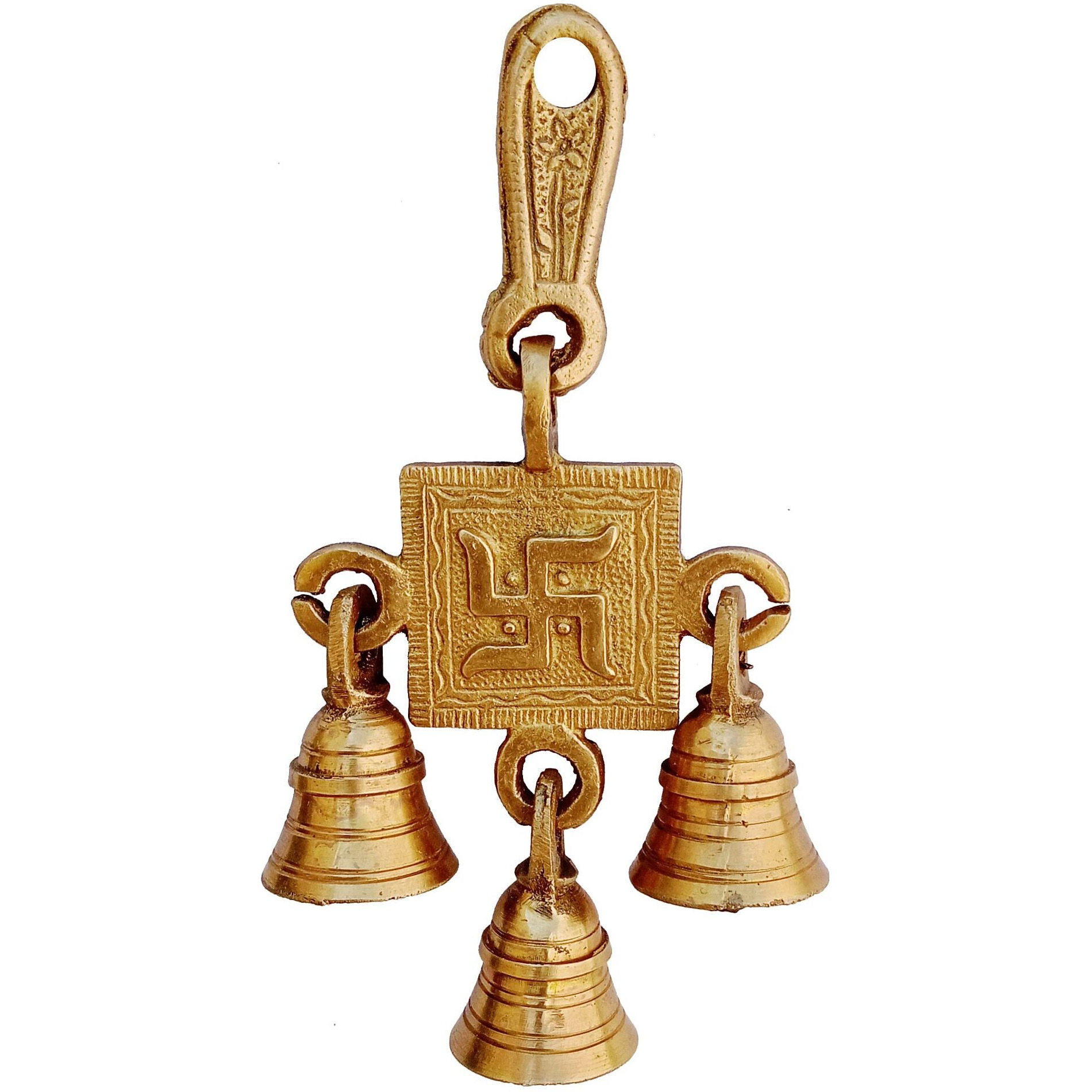 Purpledip Brass Wall Door Hanging With Bells Sathiya, Holy Symbol (12419B)