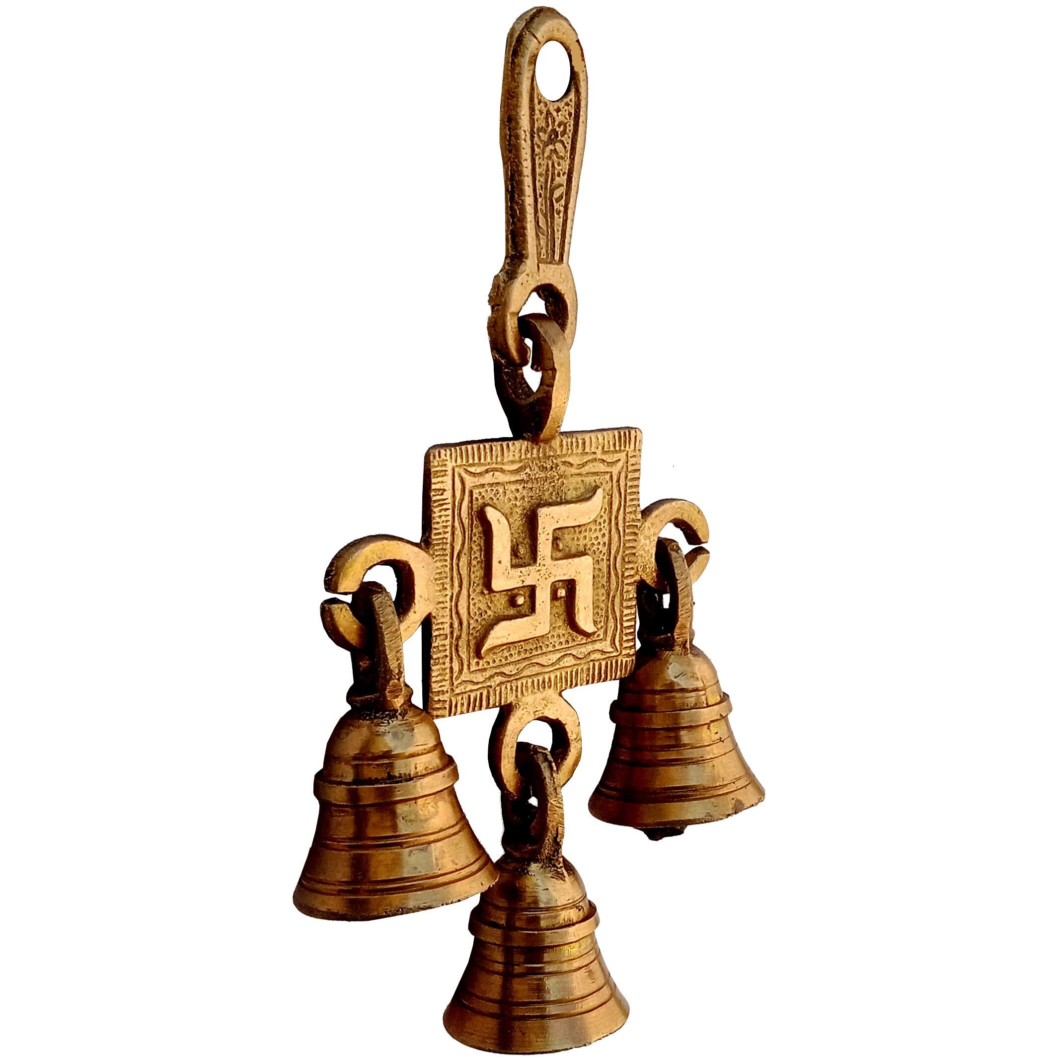 Purpledip Brass Wall Door Hanging With Bells Sathiya, Holy Symbol (12419B)