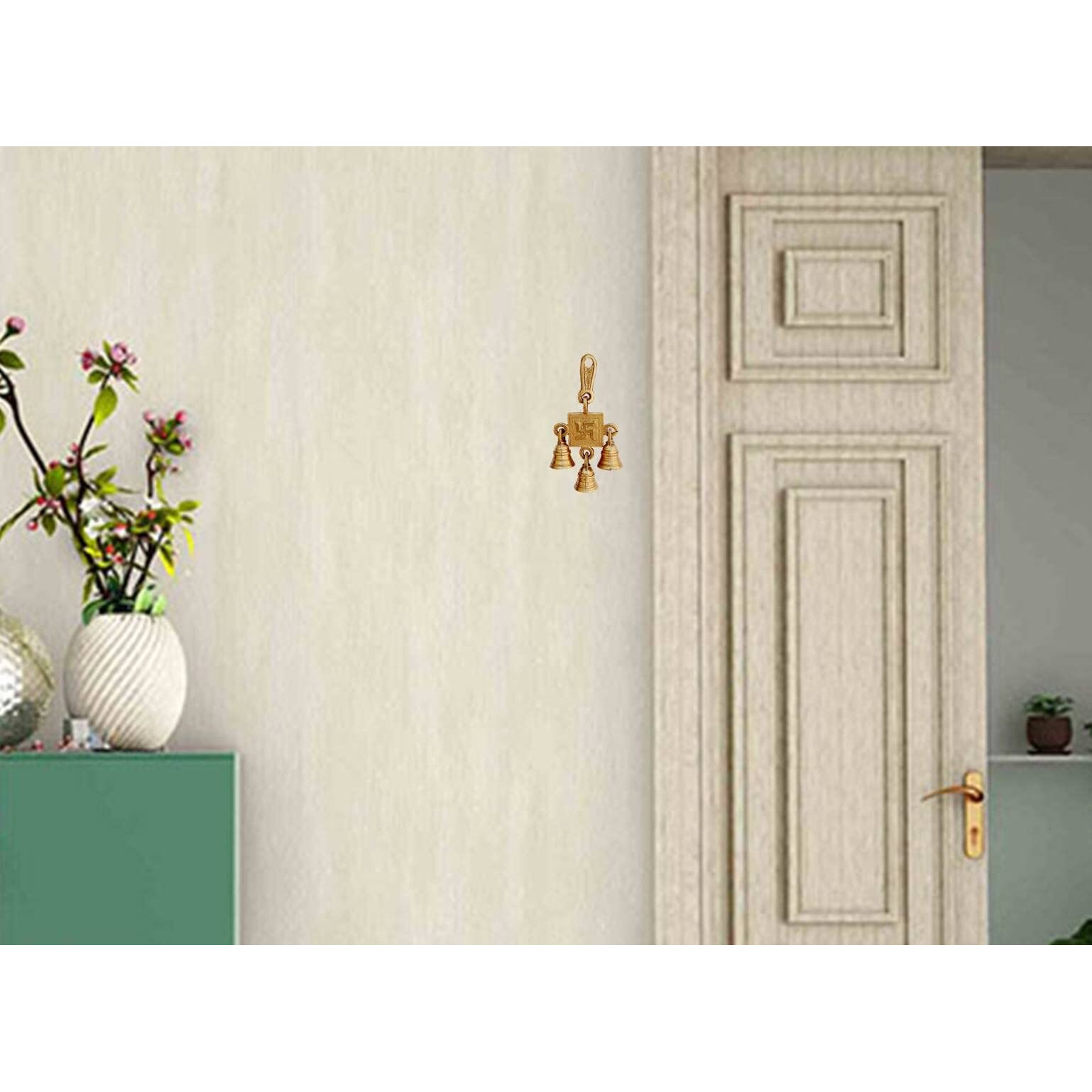 Purpledip Brass Wall Door Hanging With Bells Sathiya, Holy Symbol (12419B)