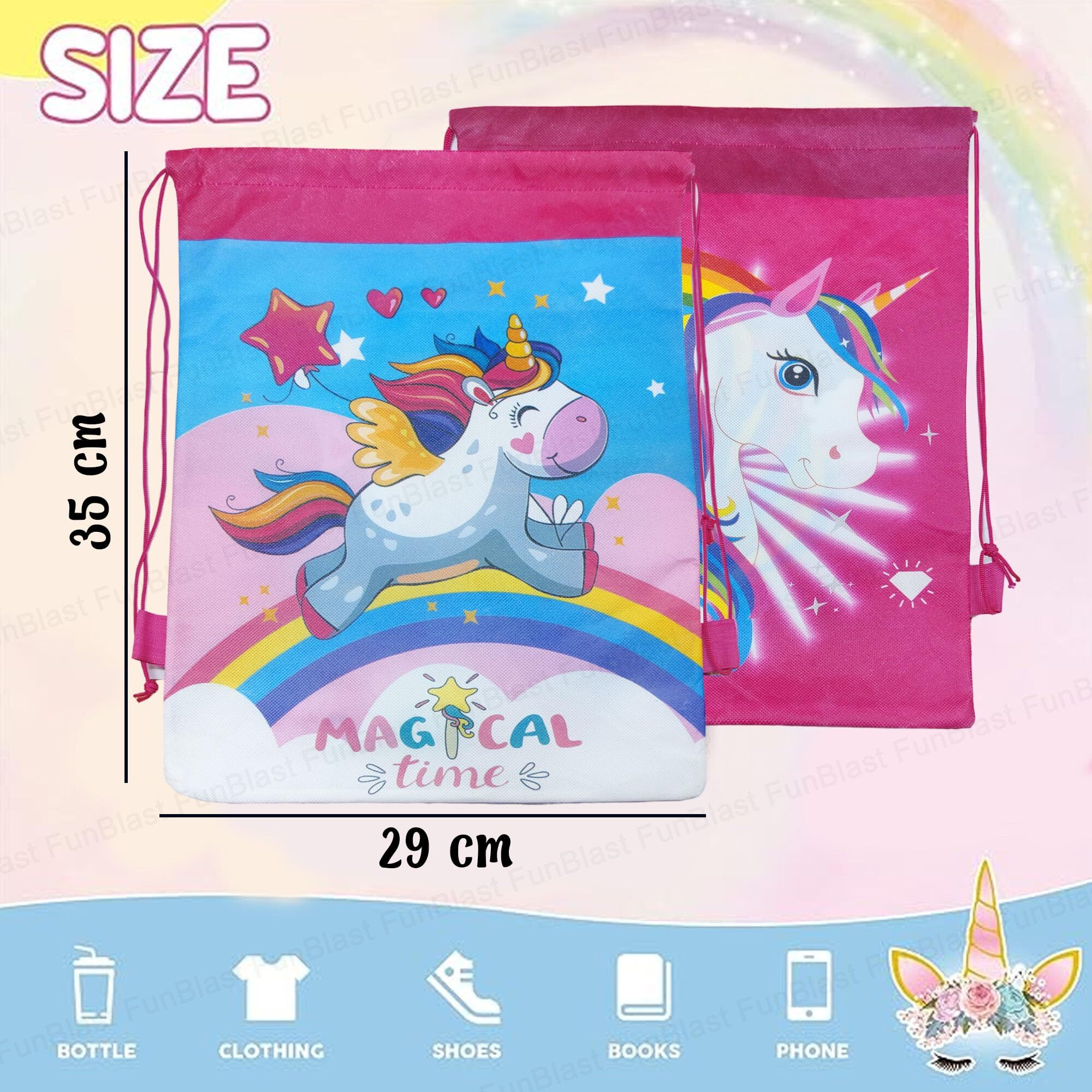 Funblast Gifting Bags For Return Gifts - Pack Of 24 Pcs Non-Woven Unicorn Print Carry Bags, Gifting Bags, Multi-Purpose Reusable Carry Bag, Drawstring Bags For Return Gifts (24 Pcs)